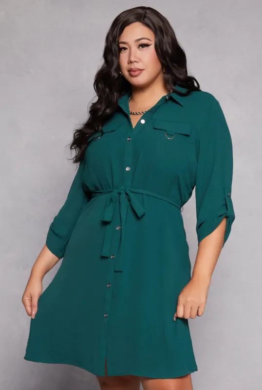Plus Size Crepe Knit Tie Waist Shirt Dress sold by Rainbow