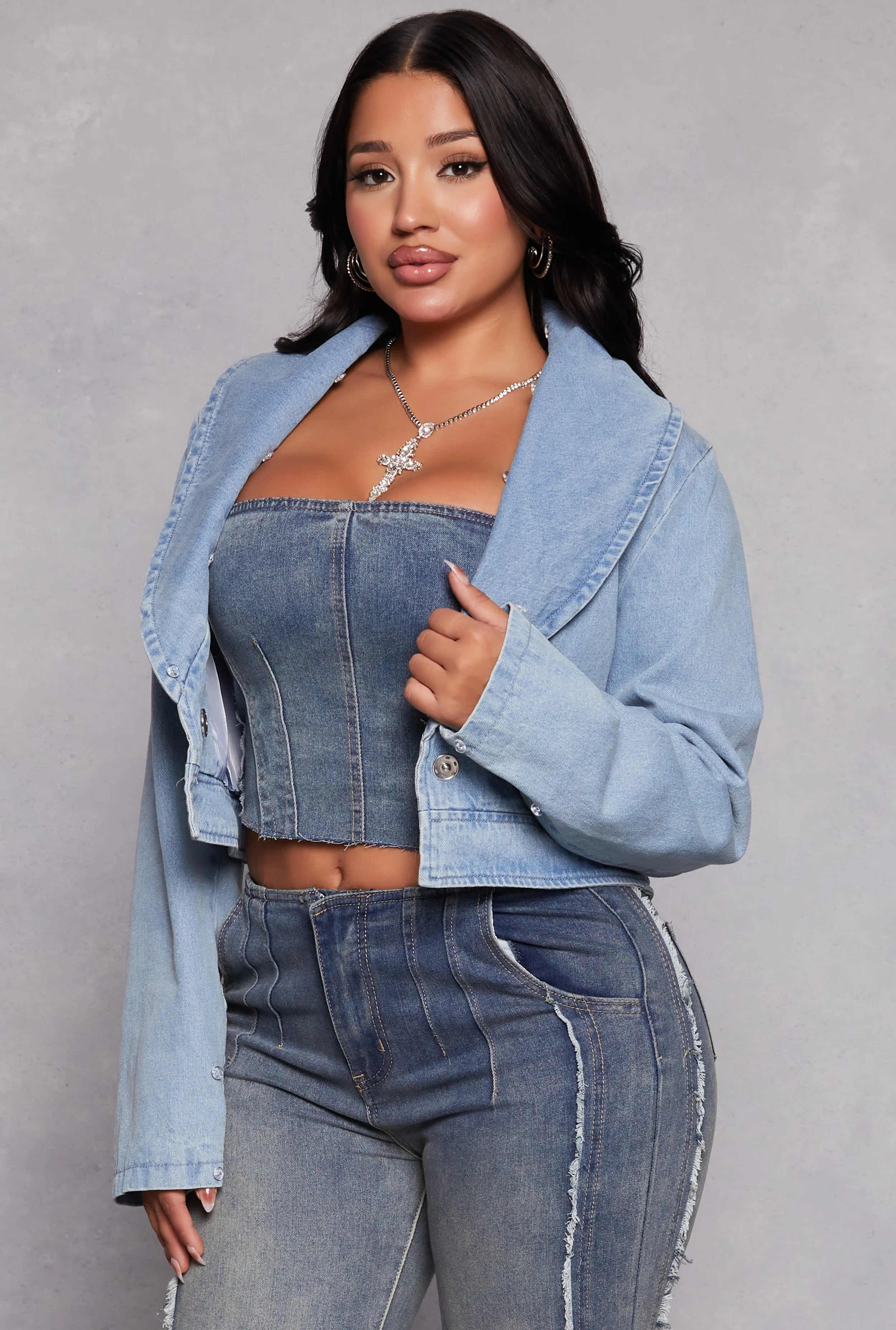 Faux Fur Collar Cropped Jean Jacket sold by Rainbow product image thumbnail 3