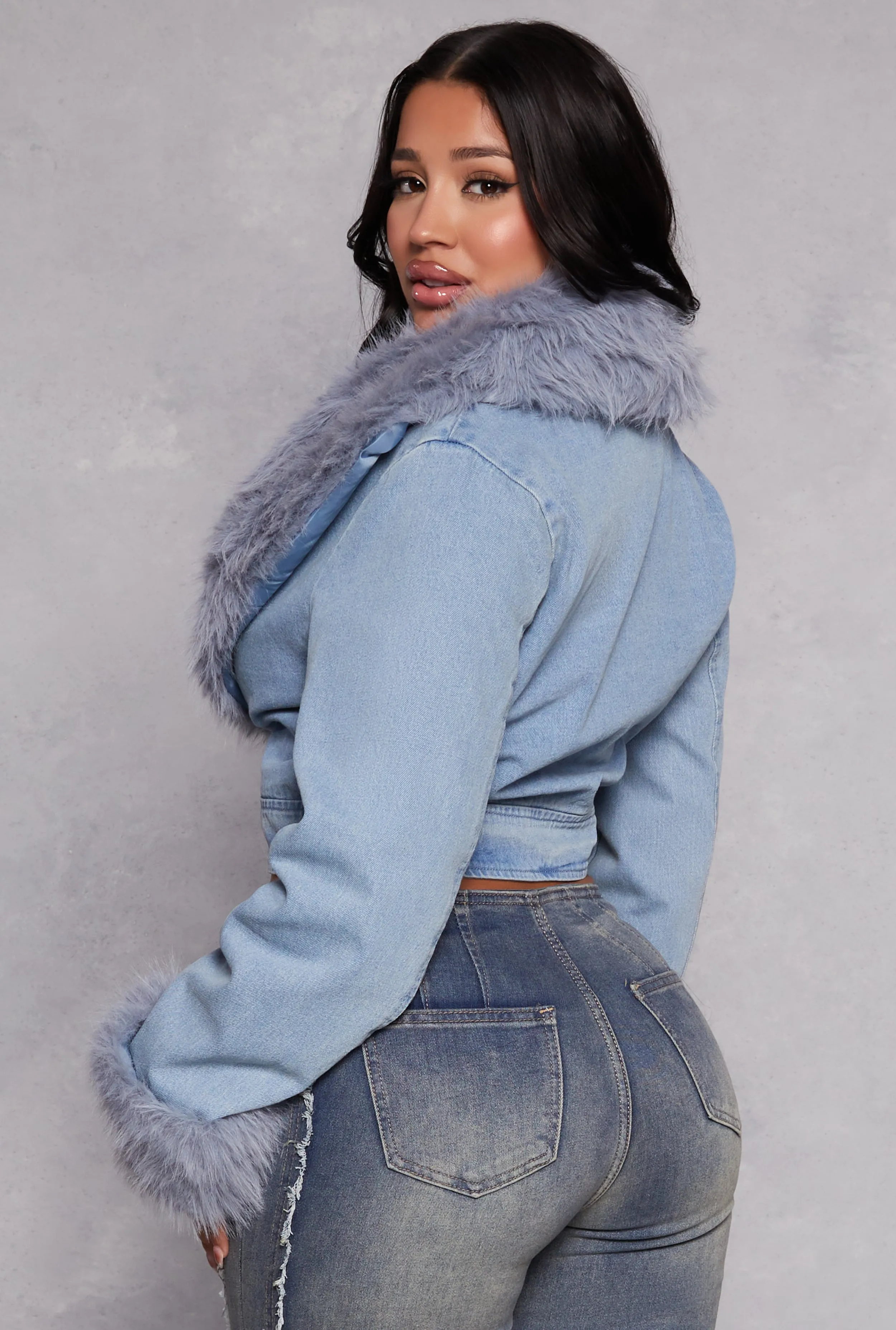 Faux Fur Collar Cropped Jean Jacket sold by Rainbow product image thumbnail 5