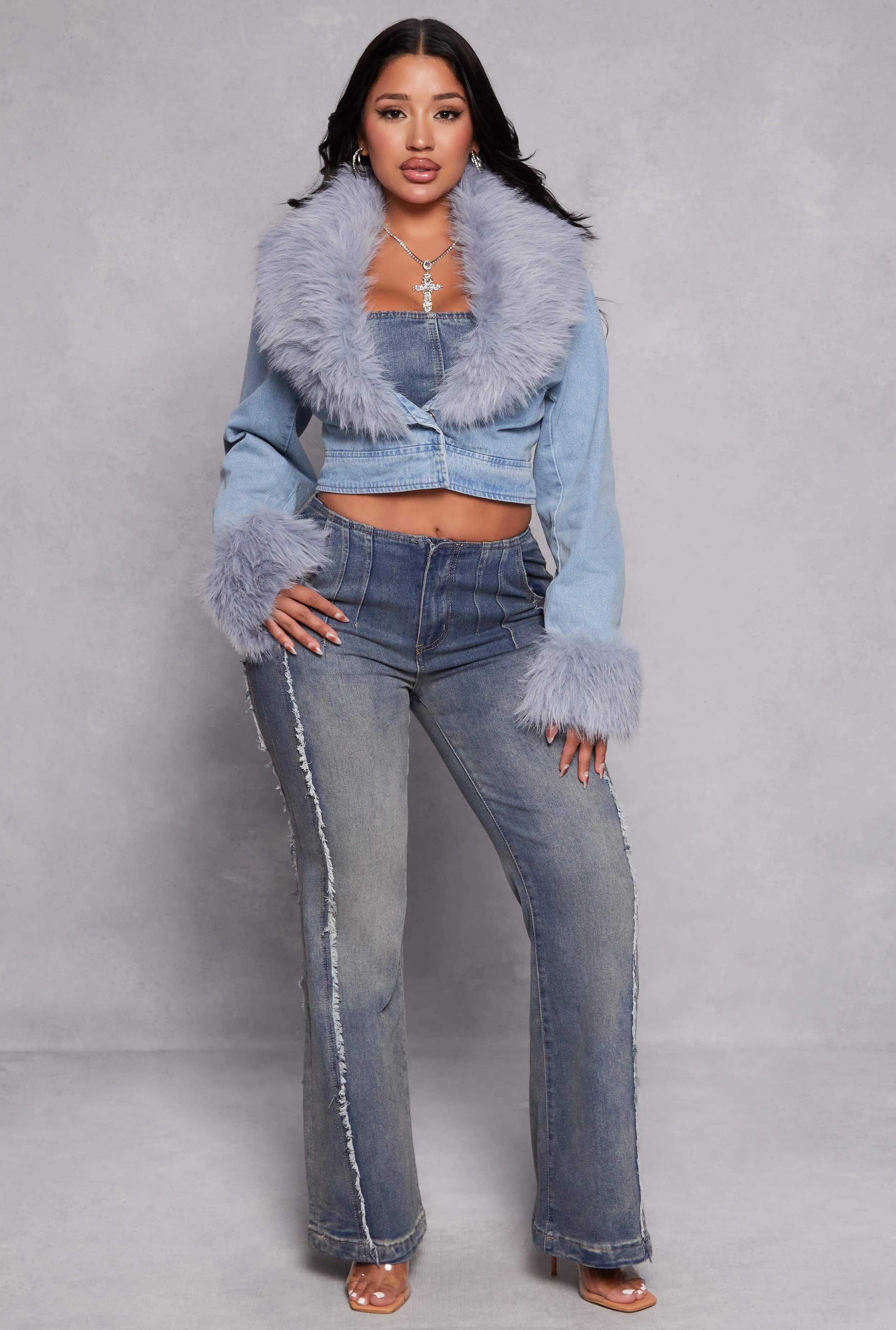 Faux Fur Collar Cropped Jean Jacket sold by Rainbow product image thumbnail 2