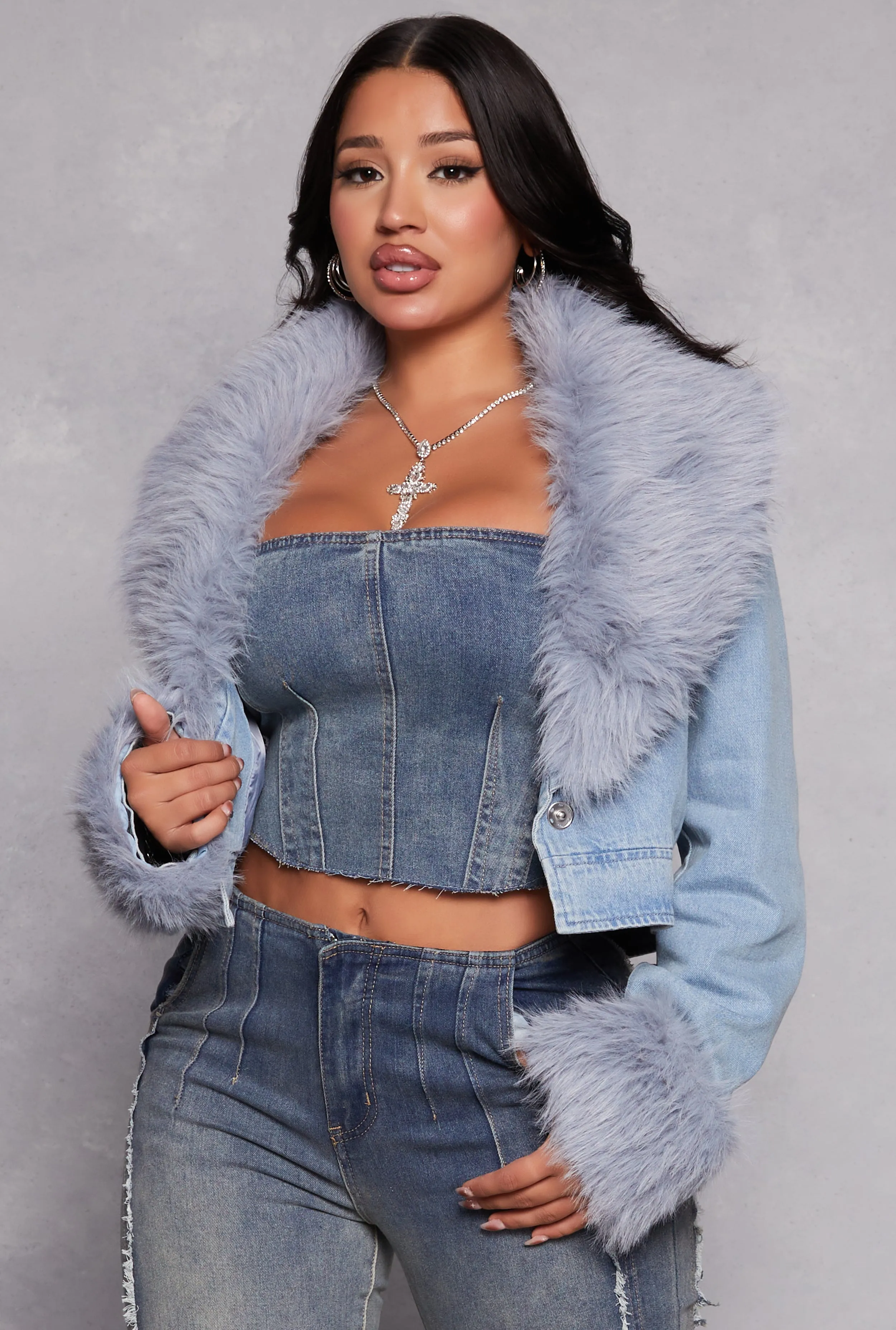 Faux Fur Collar Cropped Jean Jacket sold by Rainbow