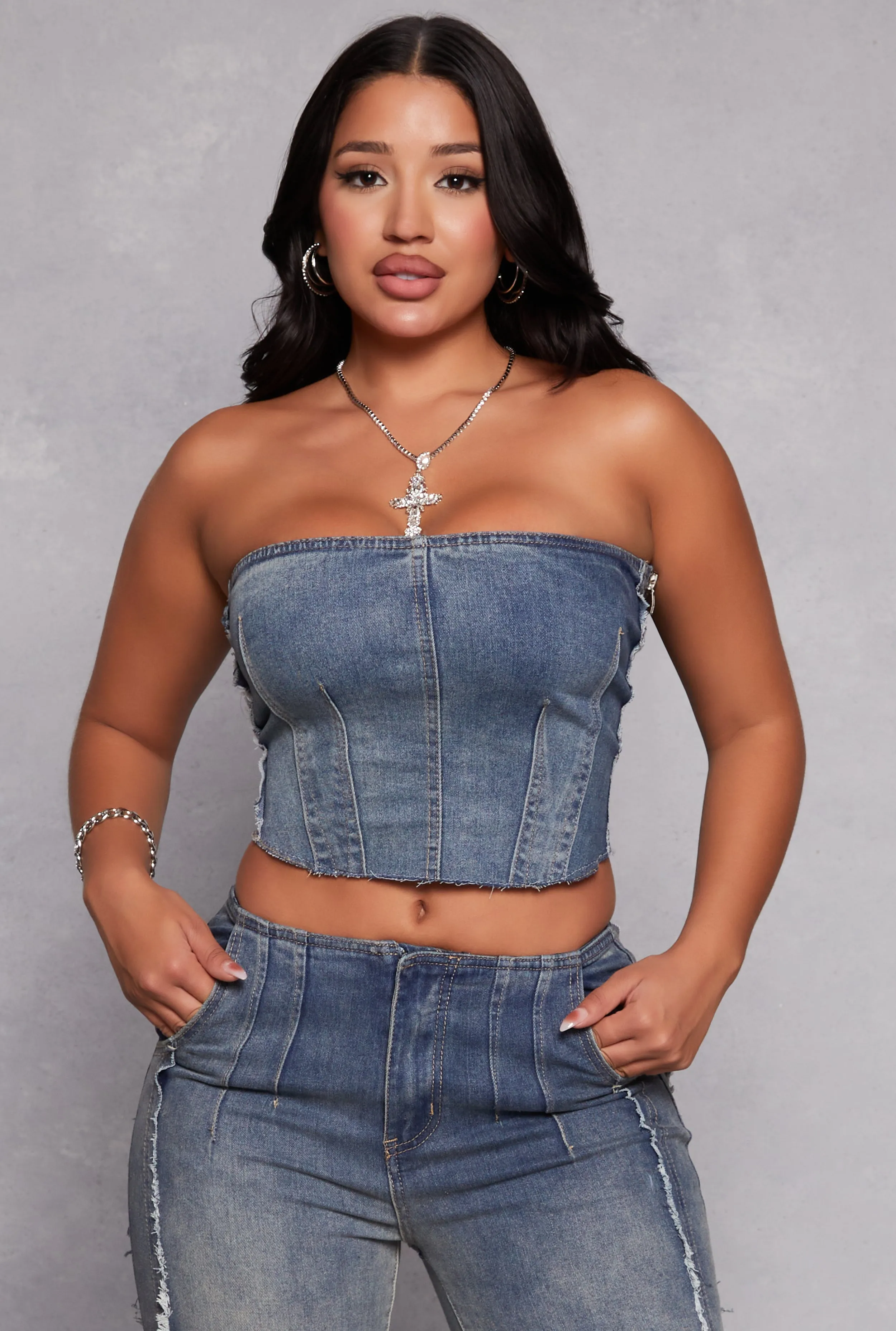 Corset Denim Tube Top sold by Rainbow
