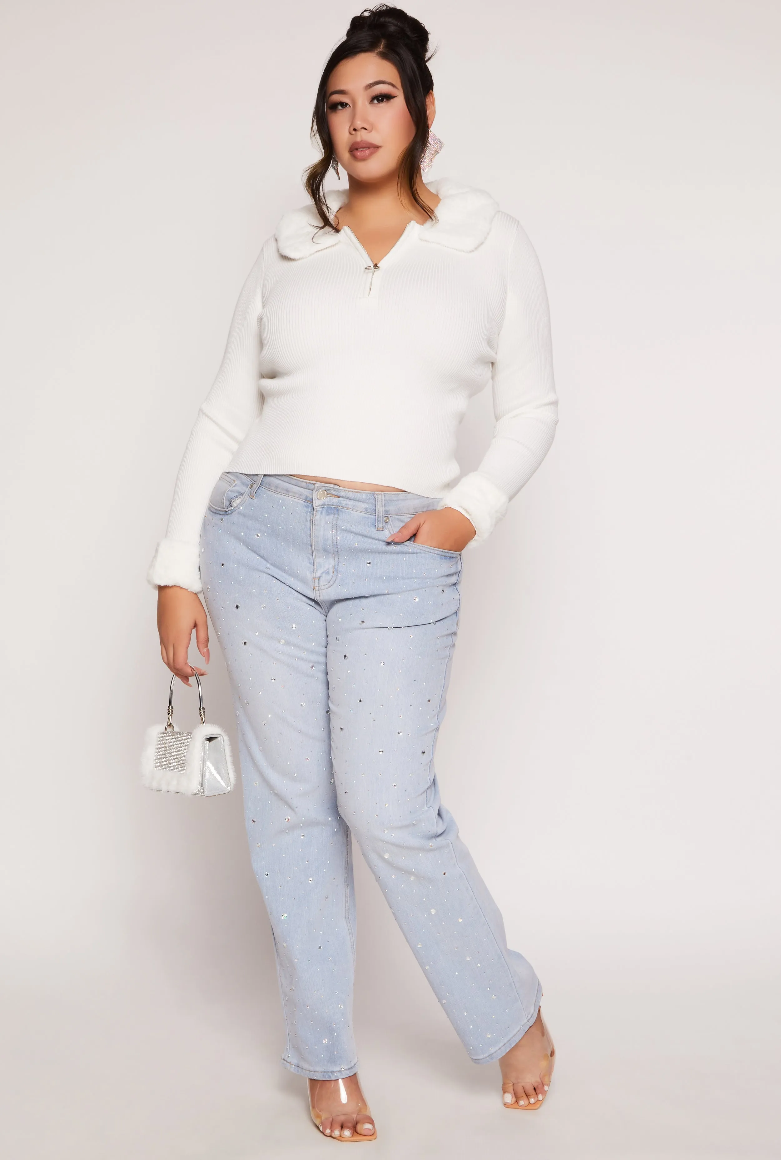 Plus Size Faux Fur Trim Half Zip Sweater sold by Rainbow product image thumbnail 2