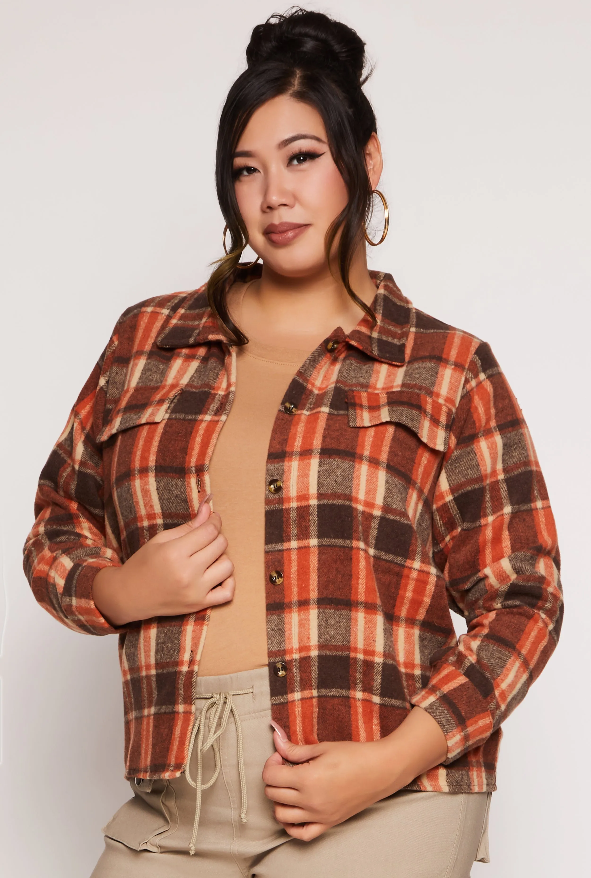 Plus Size Plaid Flap Detail Flannel Shacket sold by Rainbow
