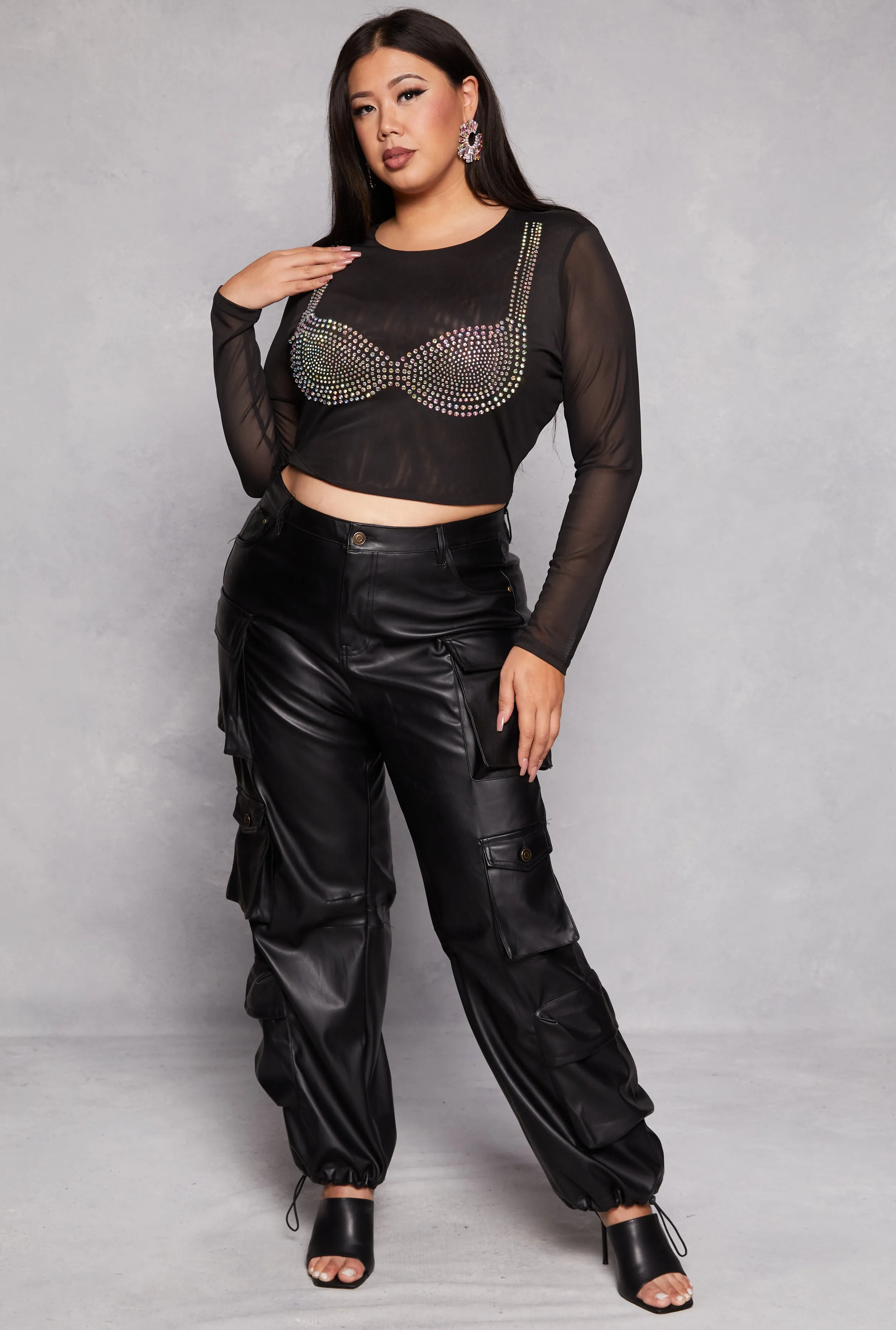 Plus Size Rhinestone Bralette Mesh Long Sleeve Crop Top sold by Rainbow product image thumbnail 2