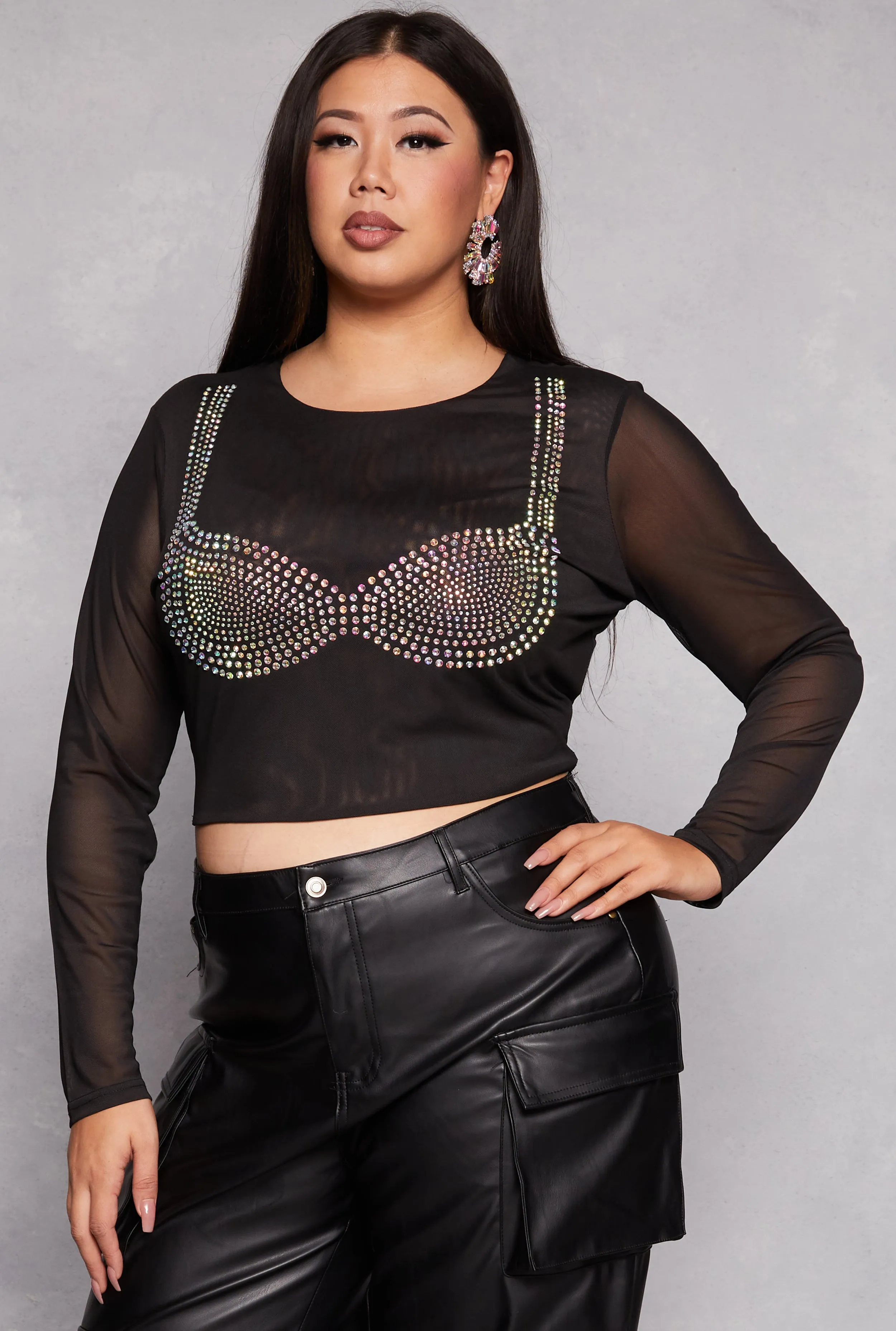 Plus Size Rhinestone Bralette Mesh Long Sleeve Crop Top sold by Rainbow