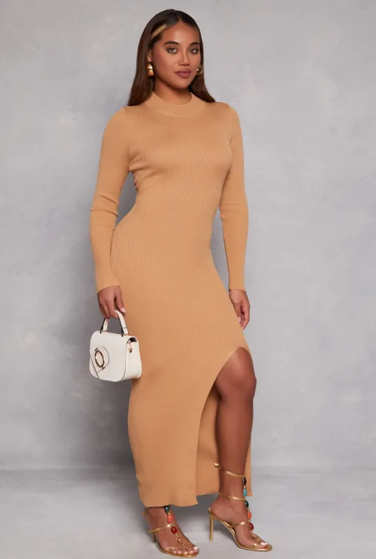 Mock Neck Long Sleeve Side Slit Maxi Dress sold by Rainbow