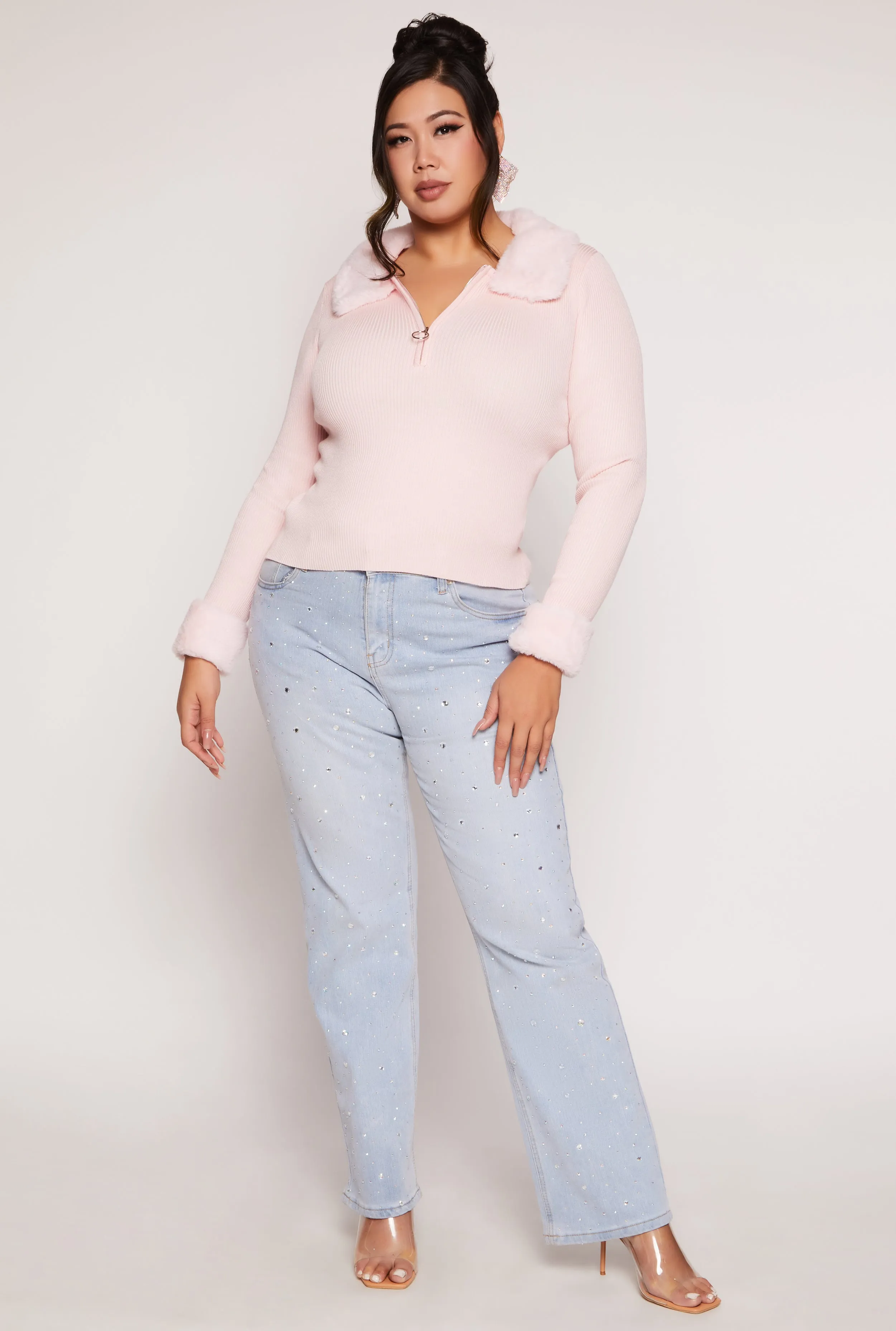 Plus Size Faux Fur Trim Half Zip Sweater sold by Rainbow product image thumbnail 2