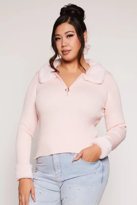 Plus Size Faux Fur Trim Half Zip Sweater sold by Rainbow