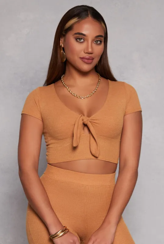 Waffle Knit Tie Front Crop Top sold by Rainbow