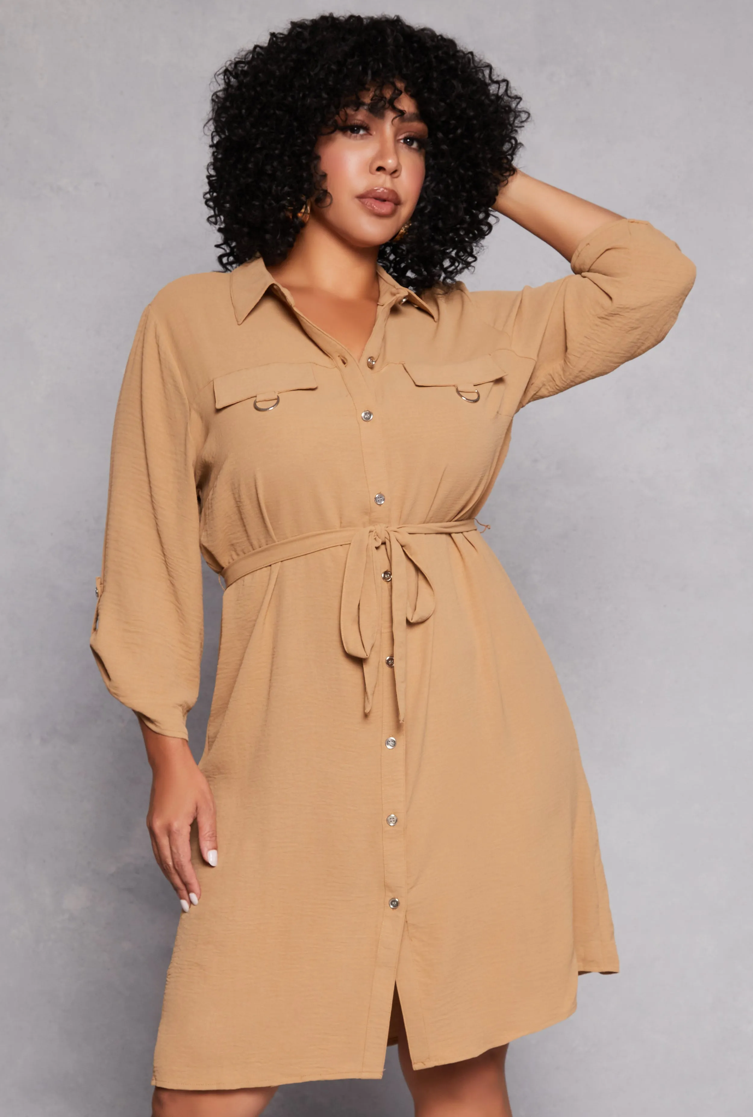Plus Size Crepe Knit Tie Waist Shirt Dress sold by Rainbow