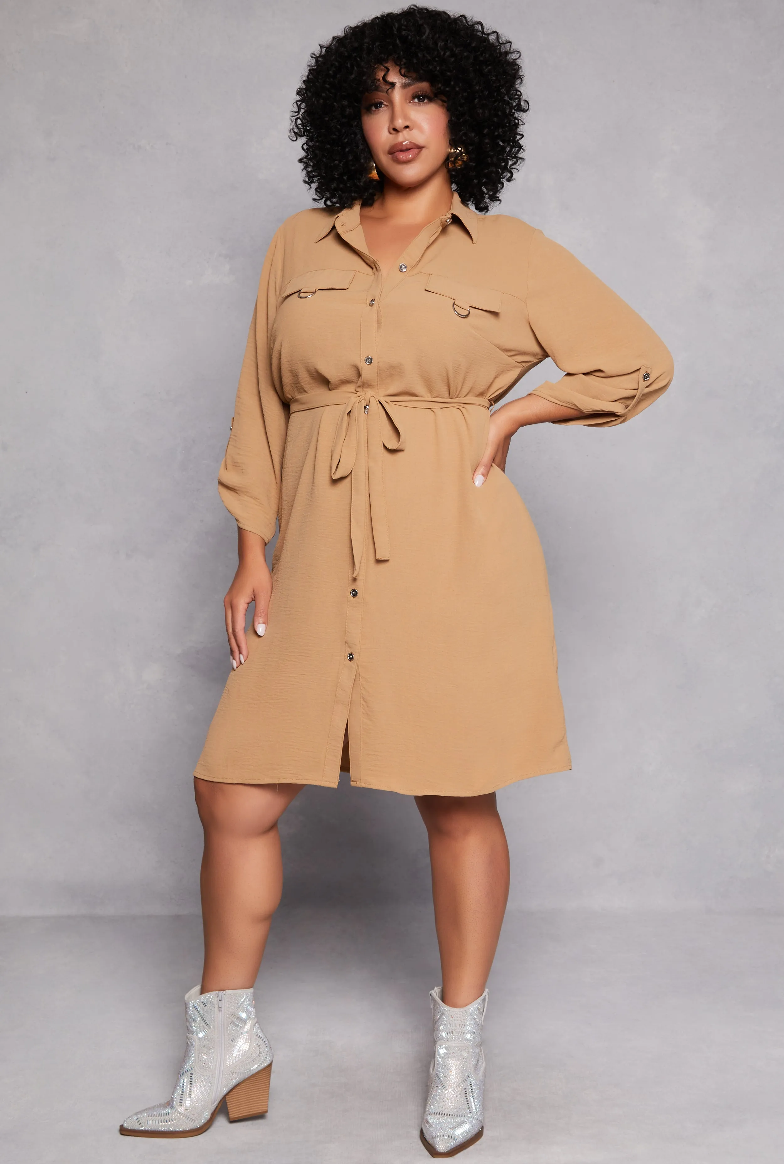 Plus Size Crepe Knit Tie Waist Shirt Dress sold by Rainbow product image thumbnail 2