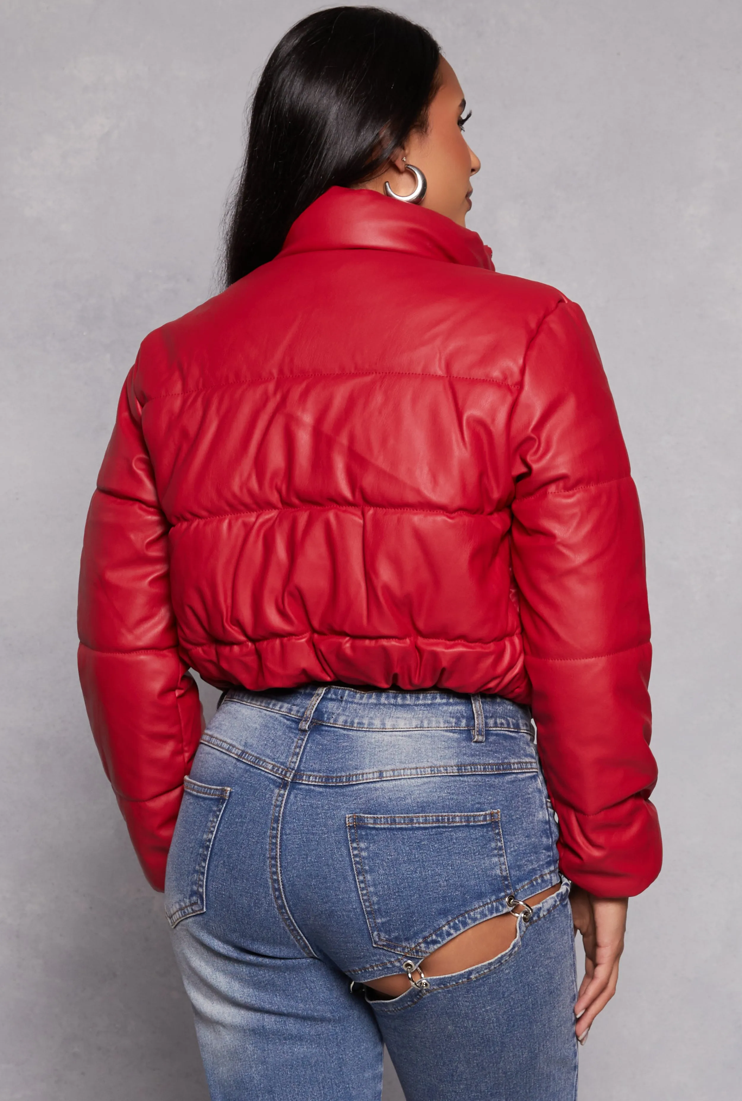 Faux Leather Funnel Neck Puffer Jacket sold by Rainbow product image thumbnail 3