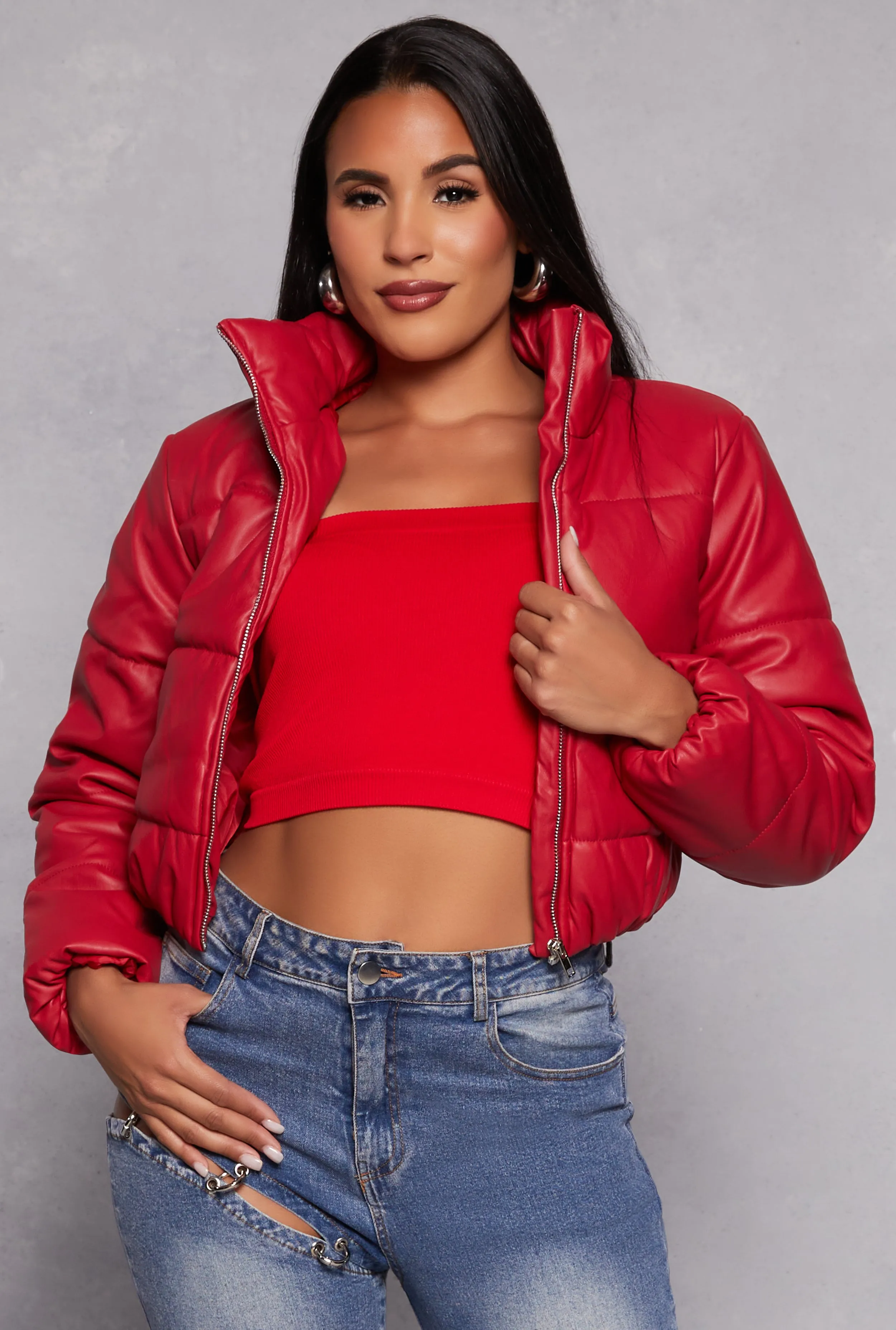 Faux Leather Funnel Neck Puffer Jacket sold by Rainbow