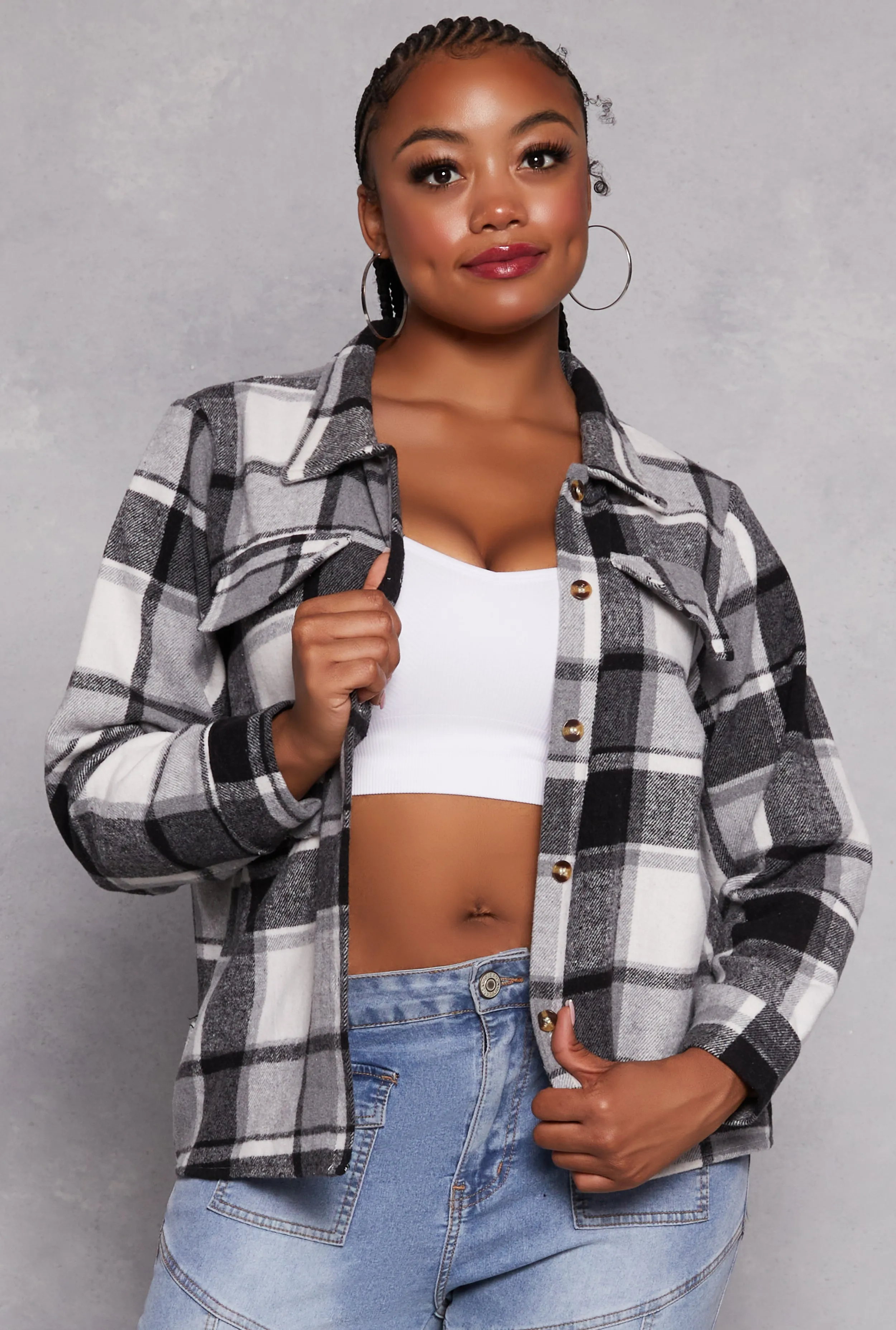 Plus Size Plaid Flap Detail Flannel Shacket sold by Rainbow