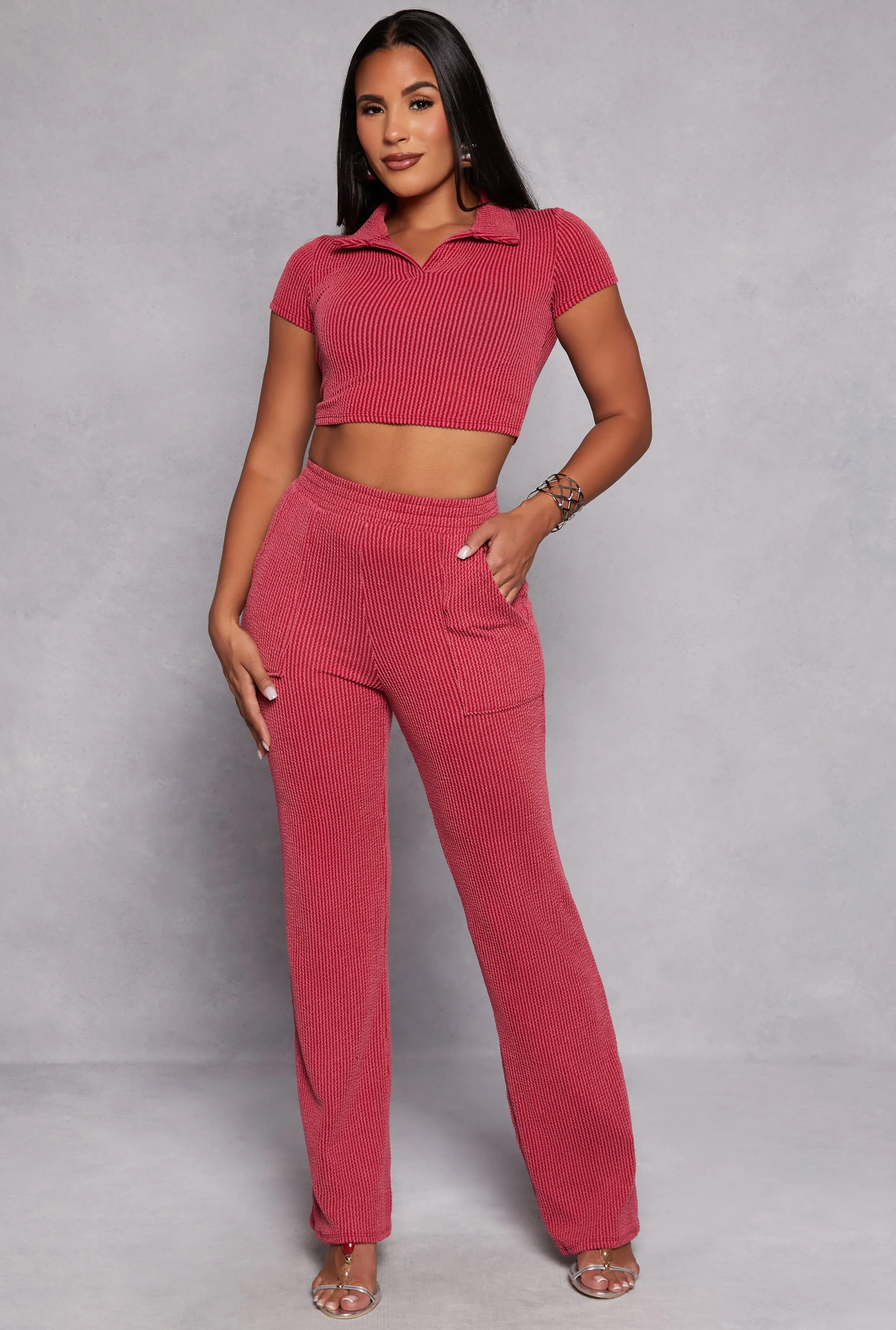 Ribbed Wide Leg Cargo Pocket Pants sold by Rainbow