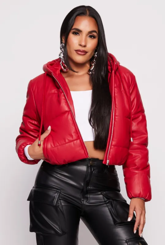 Faux Leather Zip Front Hooded Puffer Jacket sold by Rainbow