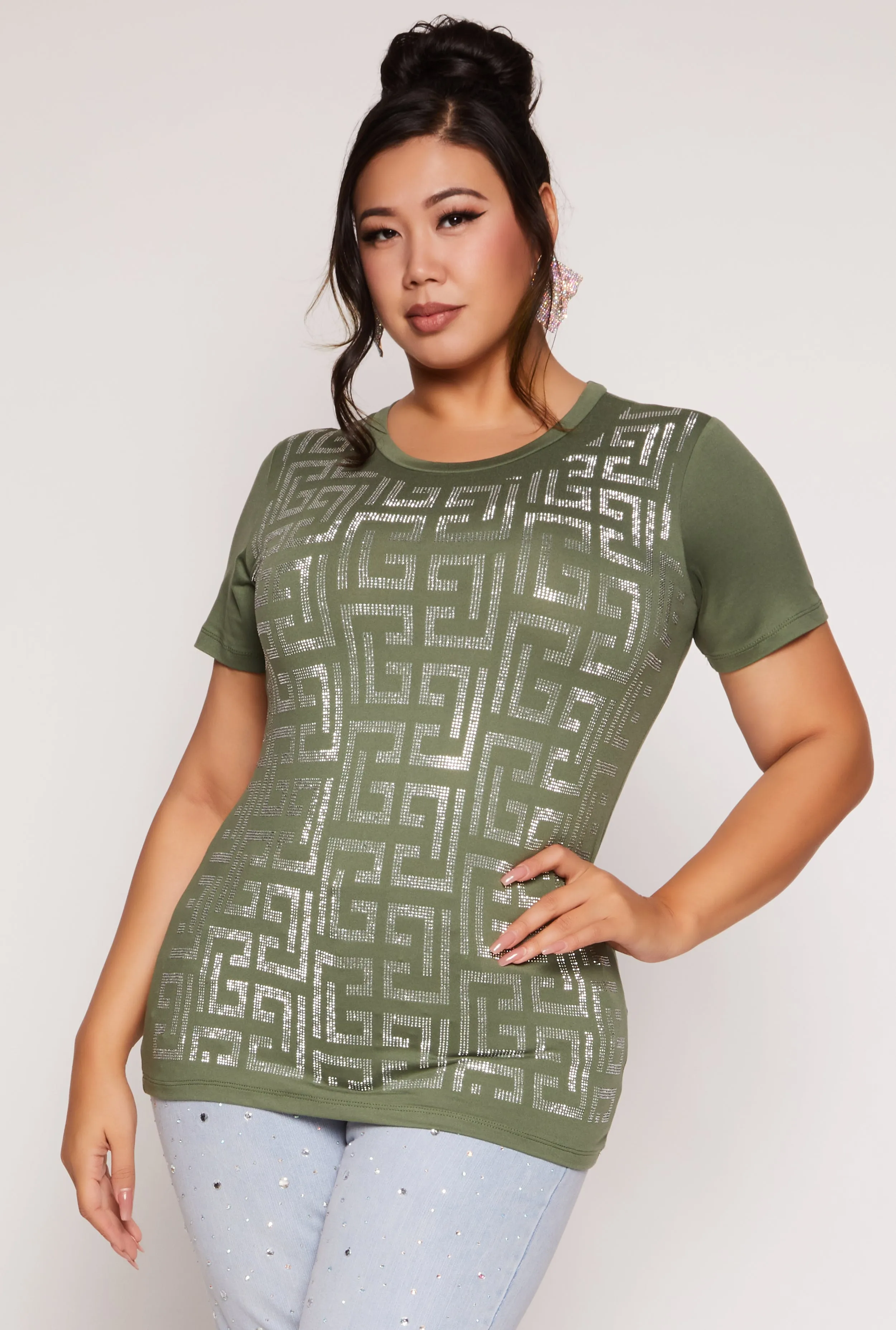 Plus Size Geometric Rhinestone Short Sleeve Top sold by Rainbow