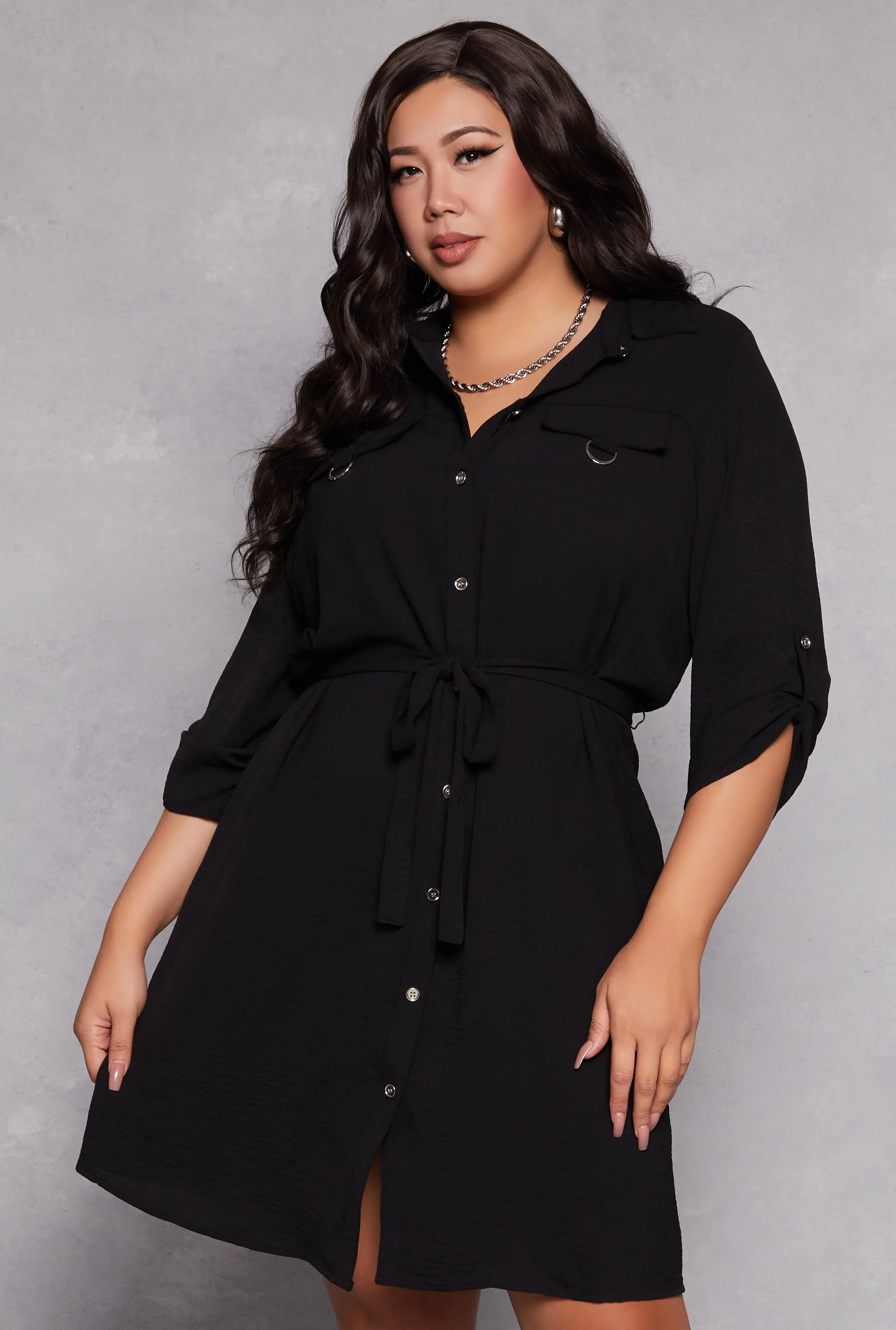 Plus Size Crepe Knit Tie Waist Shirt Dress sold by Rainbow