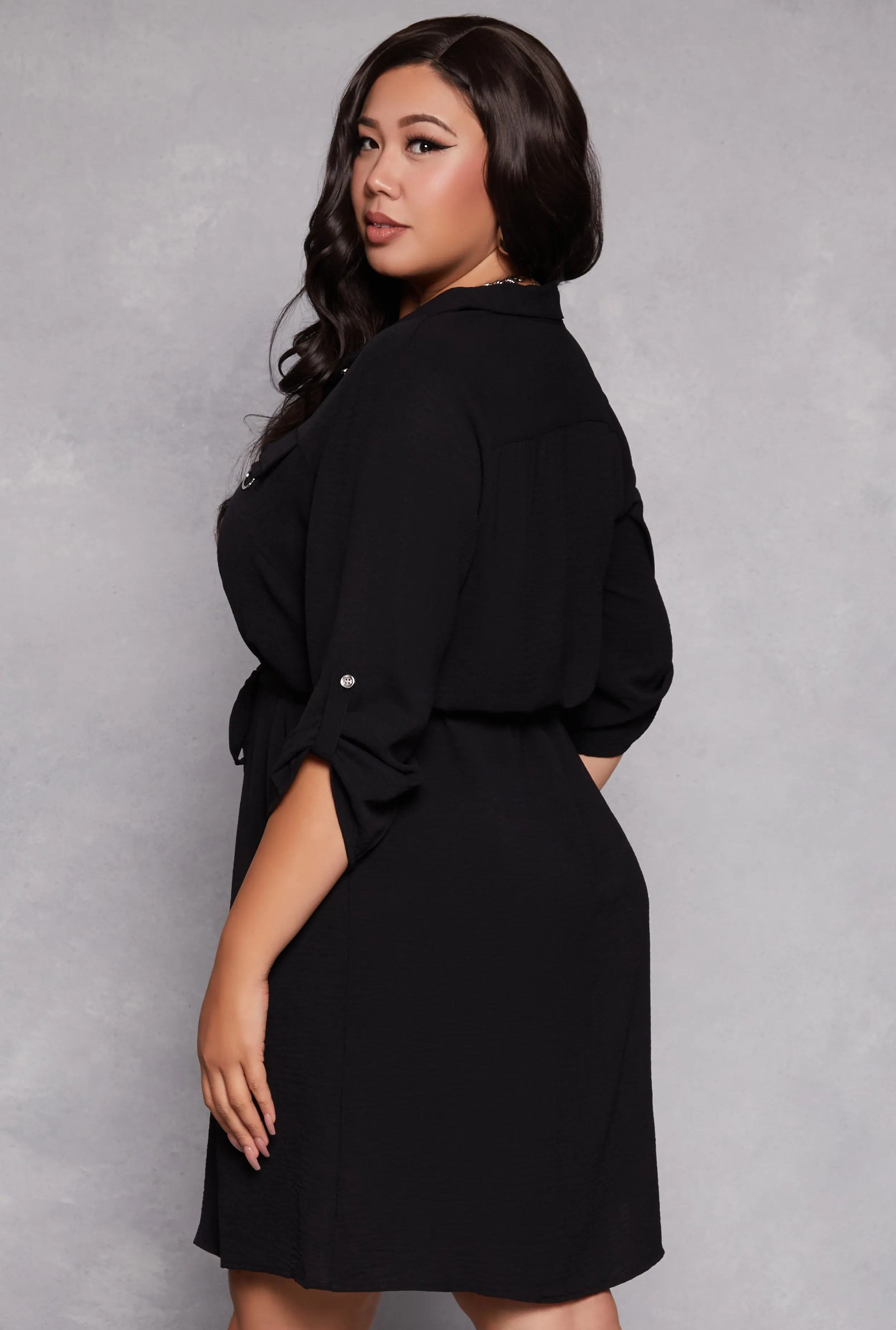 Plus Size Crepe Knit Tie Waist Shirt Dress sold by Rainbow product image thumbnail 3