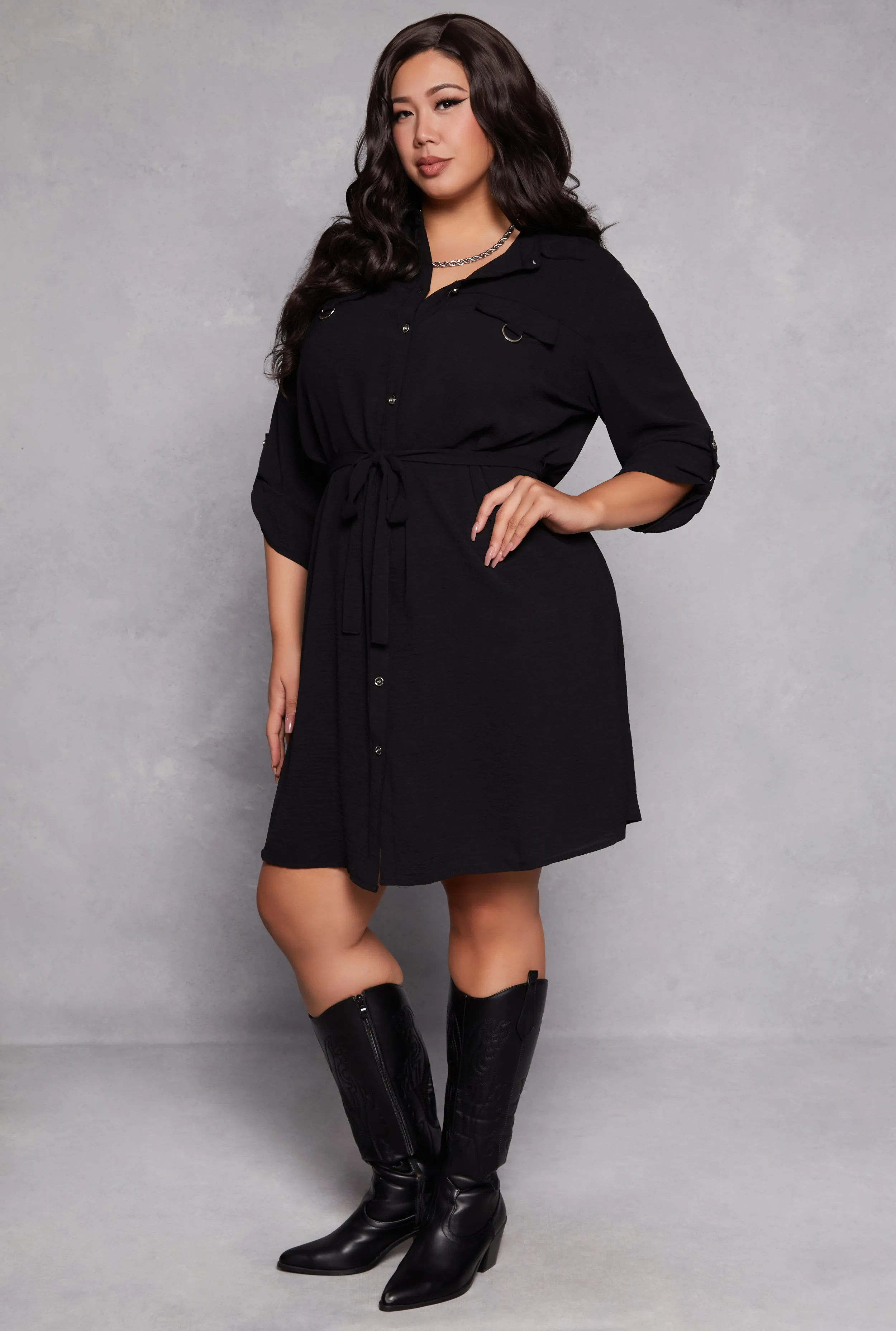Plus Size Crepe Knit Tie Waist Shirt Dress sold by Rainbow product image thumbnail 2