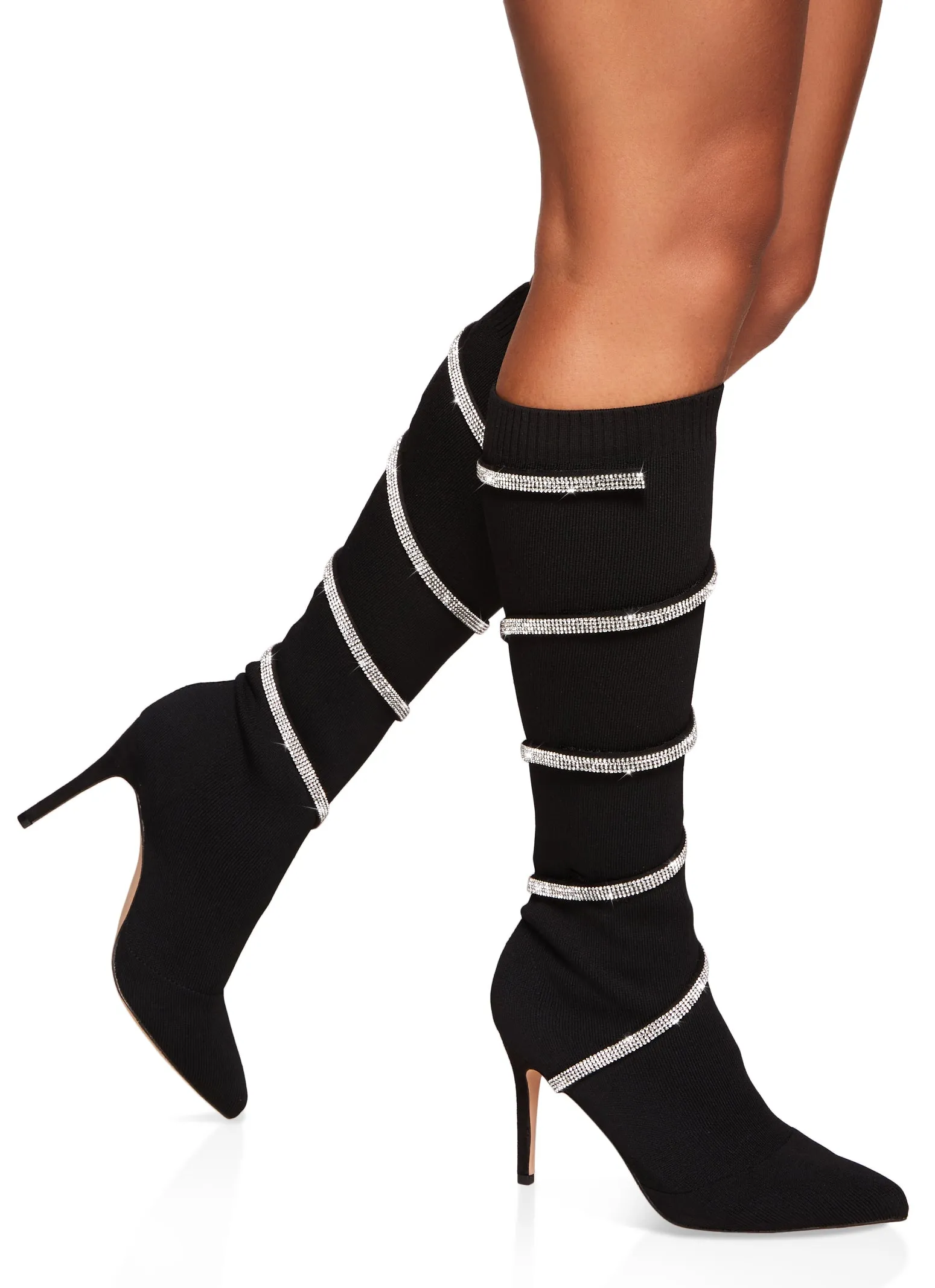 Pointed Toe Rhinestone Wrap Around Sock Boots sold by Rainbow
