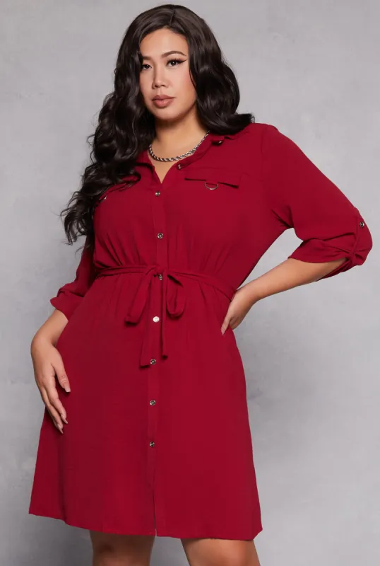 Plus Size Crepe Knit Tie Waist Shirt Dress sold by Rainbow