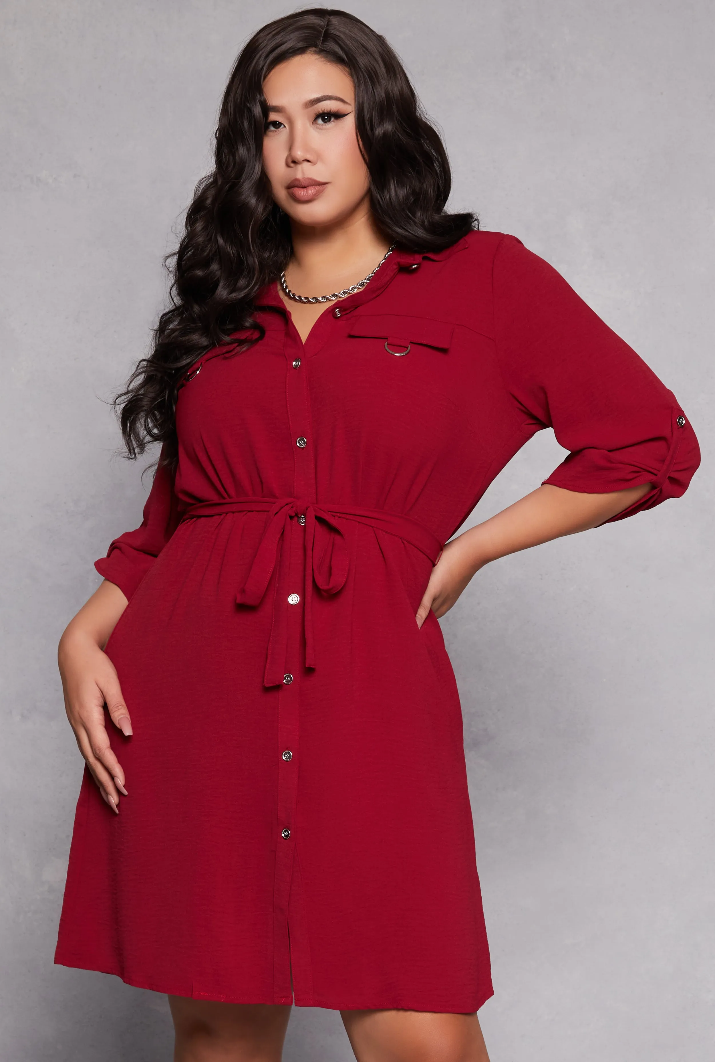 Plus Size Crepe Knit Tie Waist Shirt Dress sold by Rainbow
