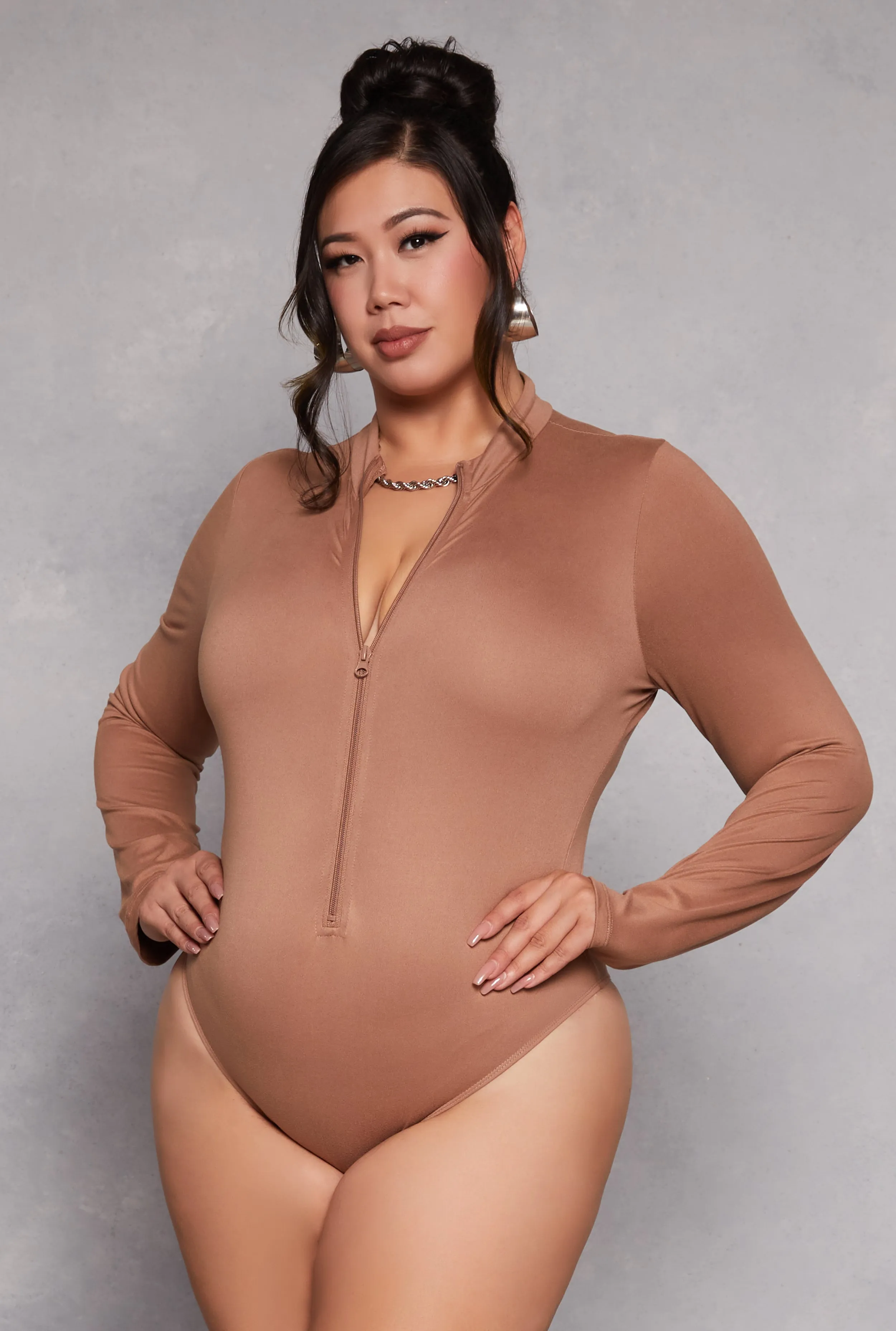 Plus Size Zip Front Mock Neck Bodysuit sold by Rainbow