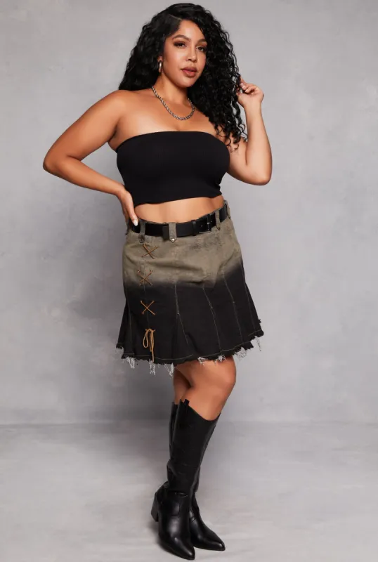 Plus Size Denim Acid Wash Lace Up Detail Mini Skirt sold by Rainbow