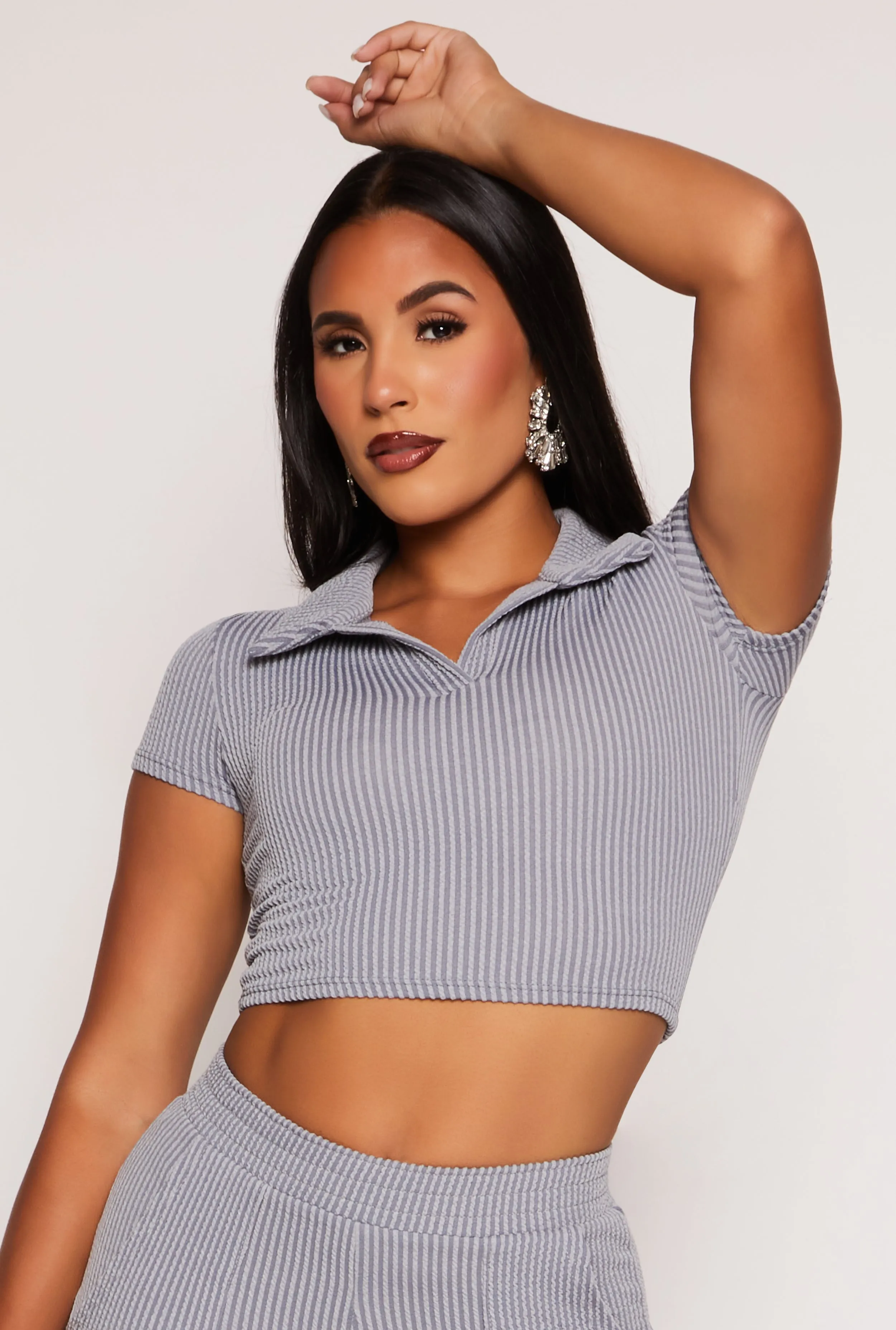 Rib Knit Collared Crop Top sold by Rainbow
