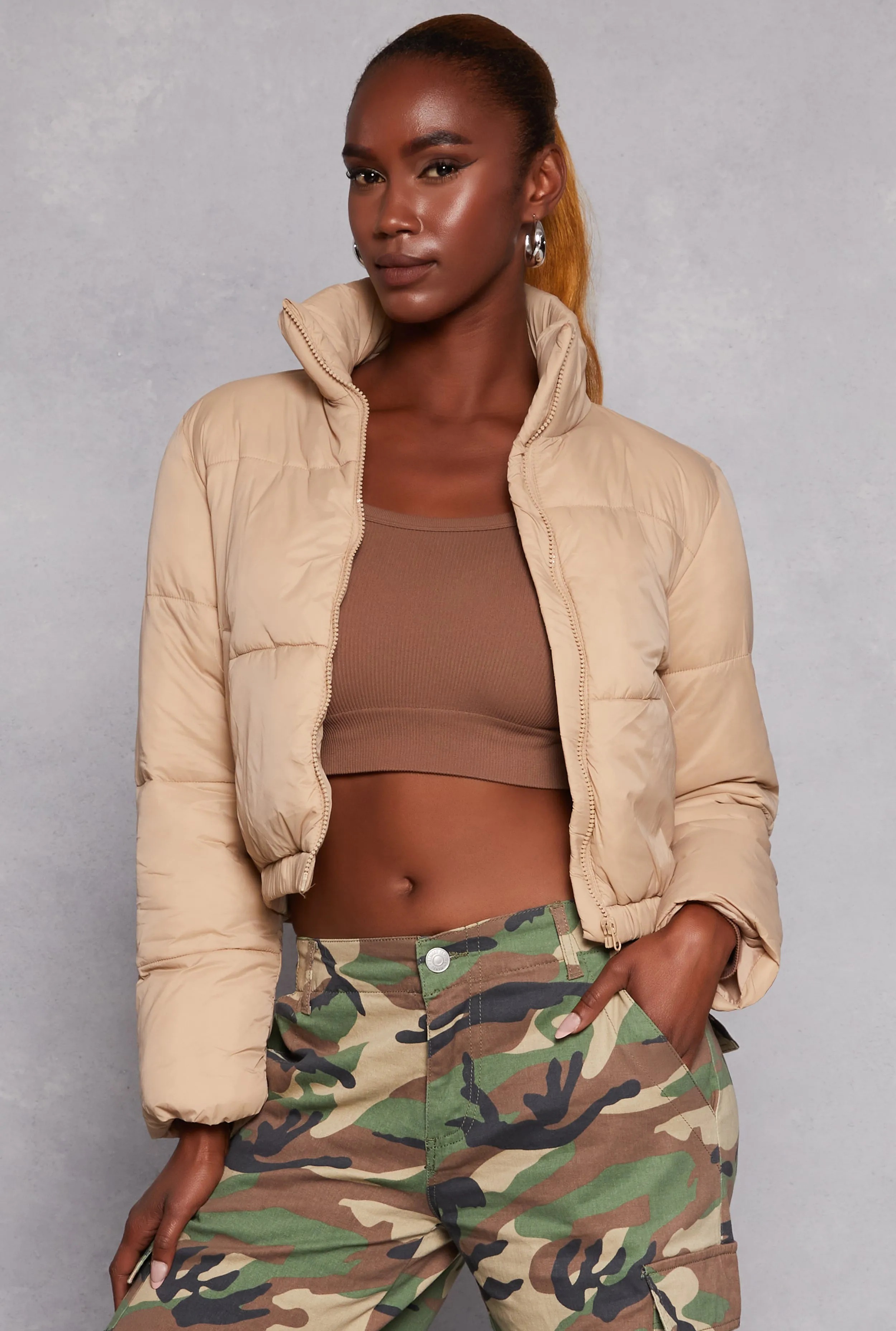 Nylon Zip Front Cropped Puffer Jacket sold by Rainbow