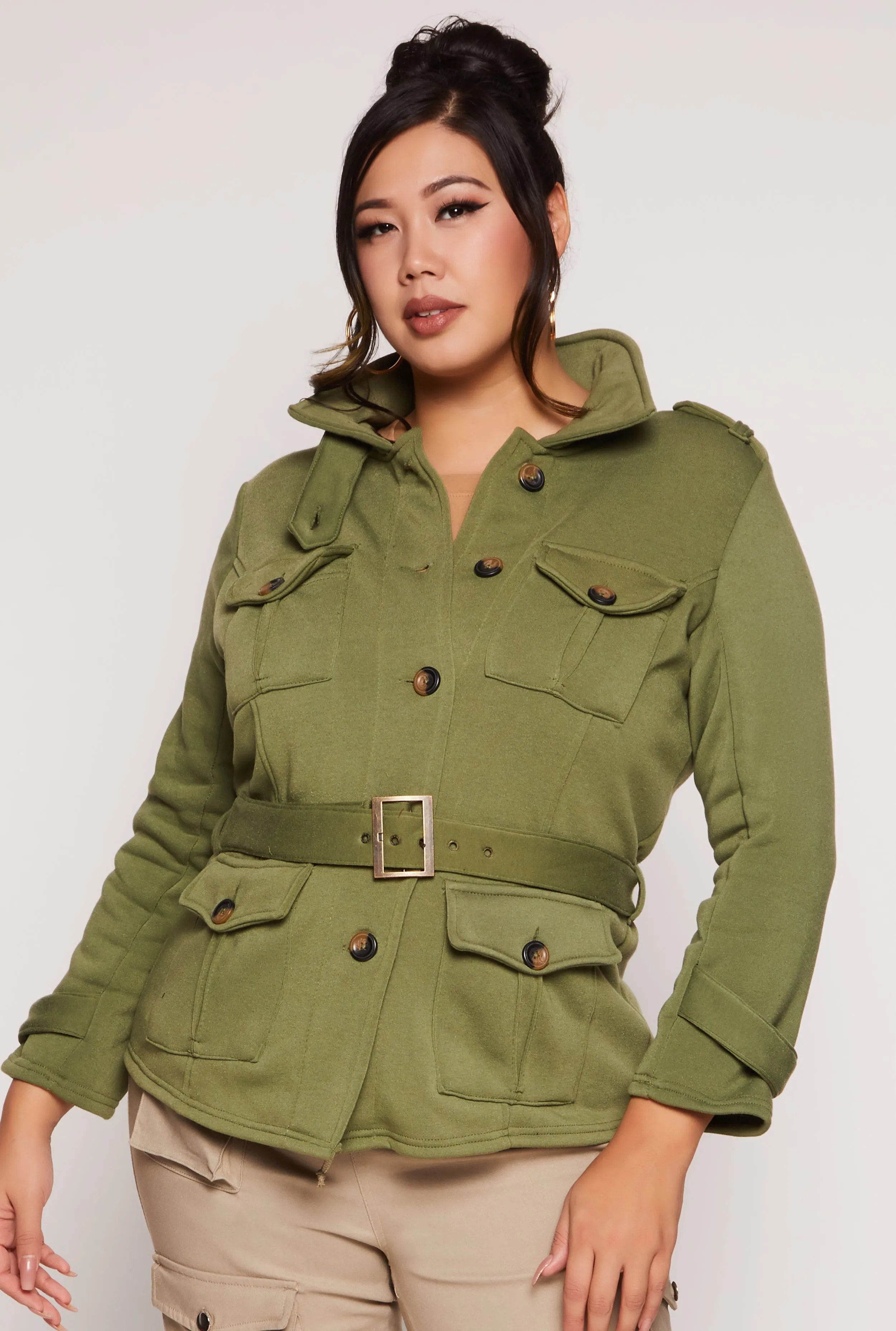 Plus Size Fleece Belted Military Jacket sold by Rainbow