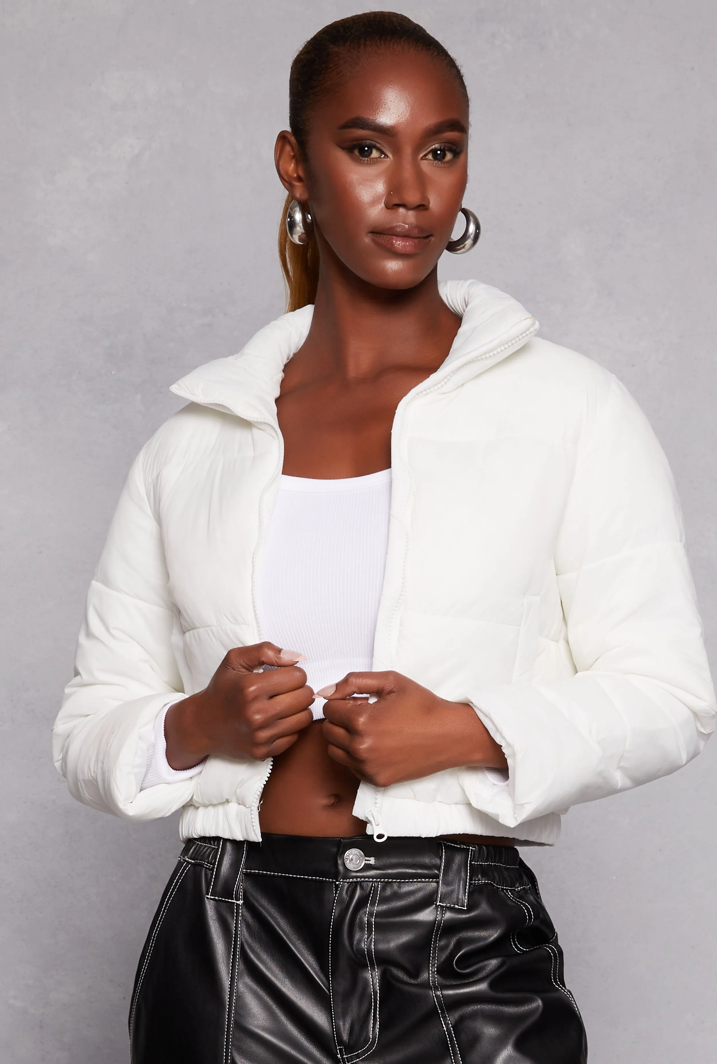 Nylon Zip Front Cropped Puffer Jacket sold by Rainbow