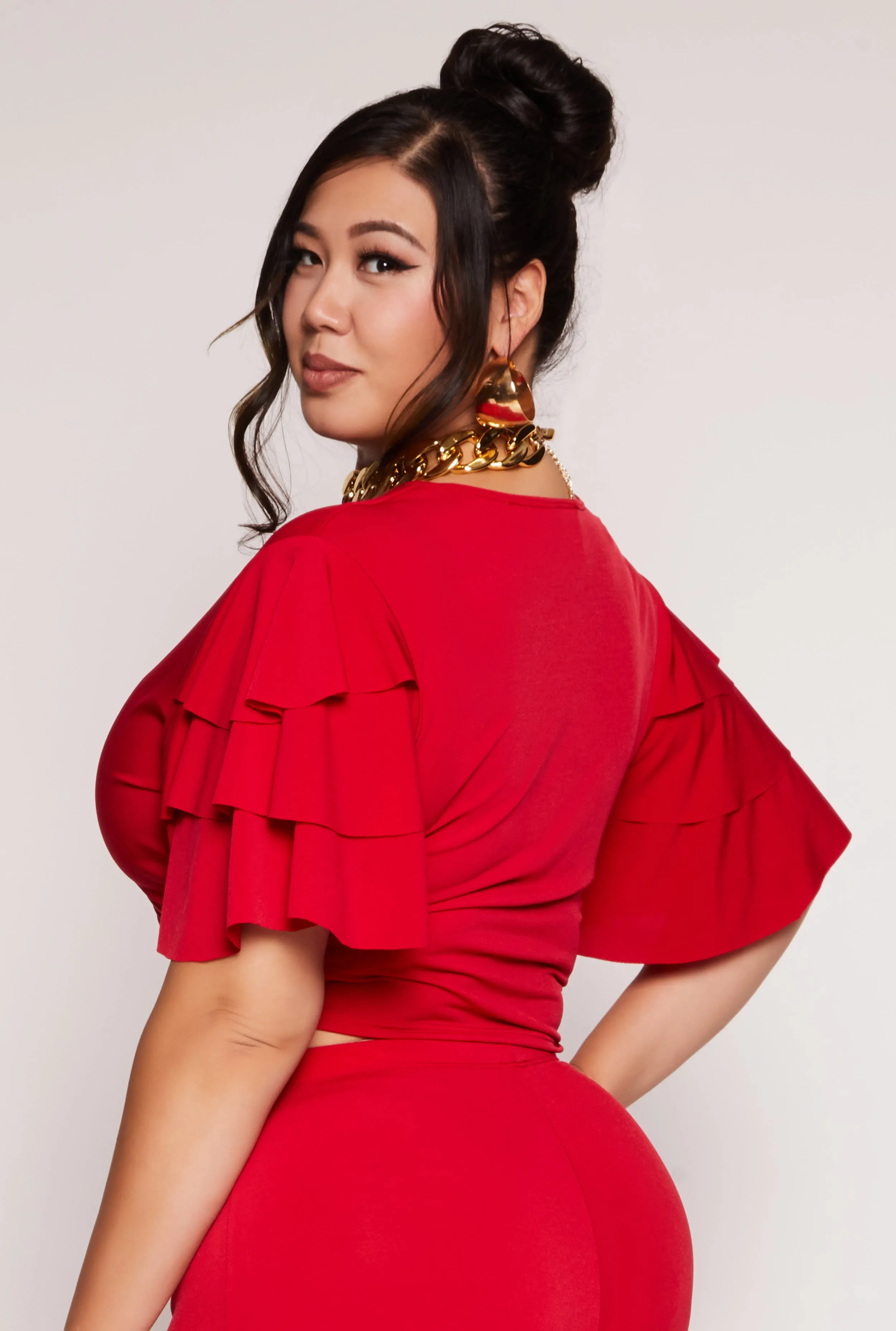 Plus Size Tiered Sleeve Twist Front Crop Top sold by Rainbow product image thumbnail 3