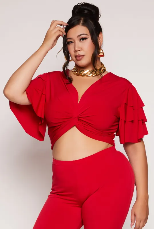 Plus Size Tiered Sleeve Twist Front Crop Top sold by Rainbow