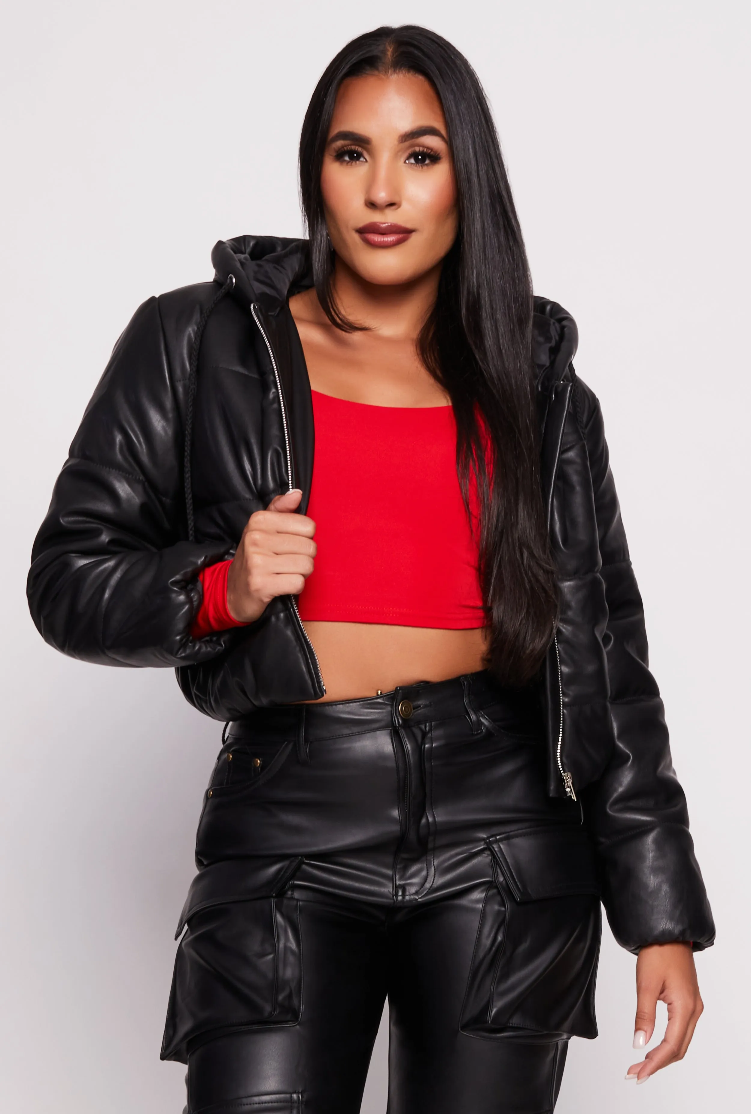 Faux Leather Zip Front Hooded Puffer Jacket sold by Rainbow