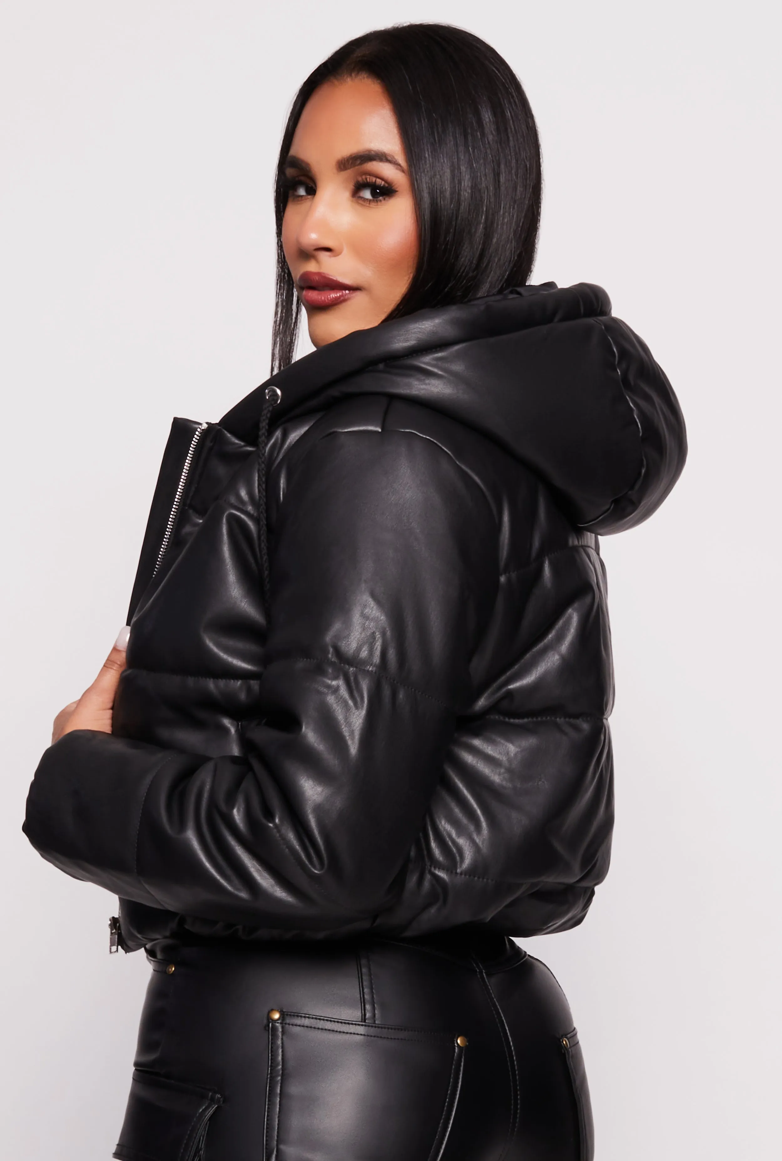 Faux Leather Zip Front Hooded Puffer Jacket sold by Rainbow product image thumbnail 3