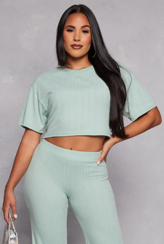 Ribbed Knit Crew Neck Cropped Tee sold by Rainbow