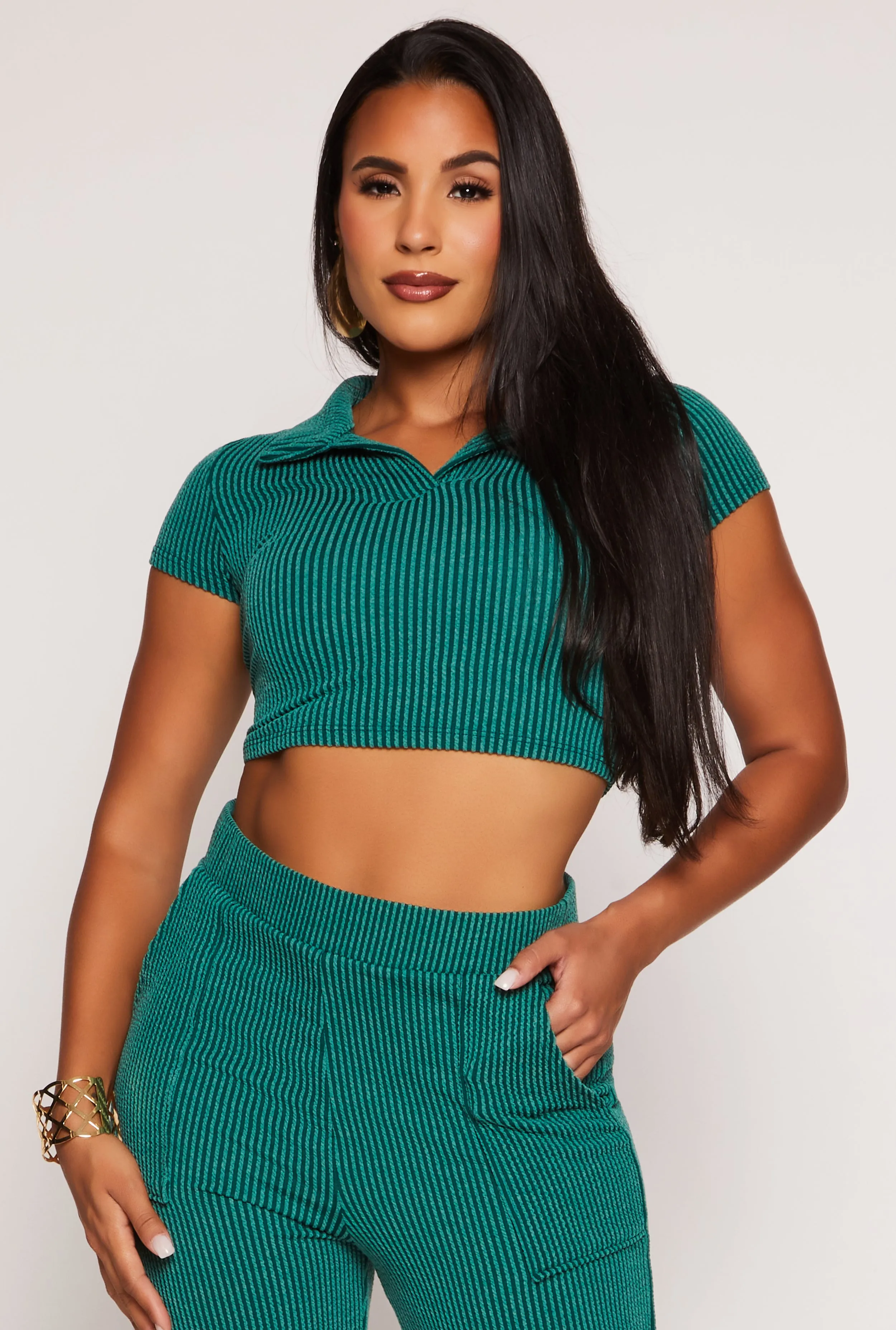 Rib Knit Collared Crop Top sold by Rainbow