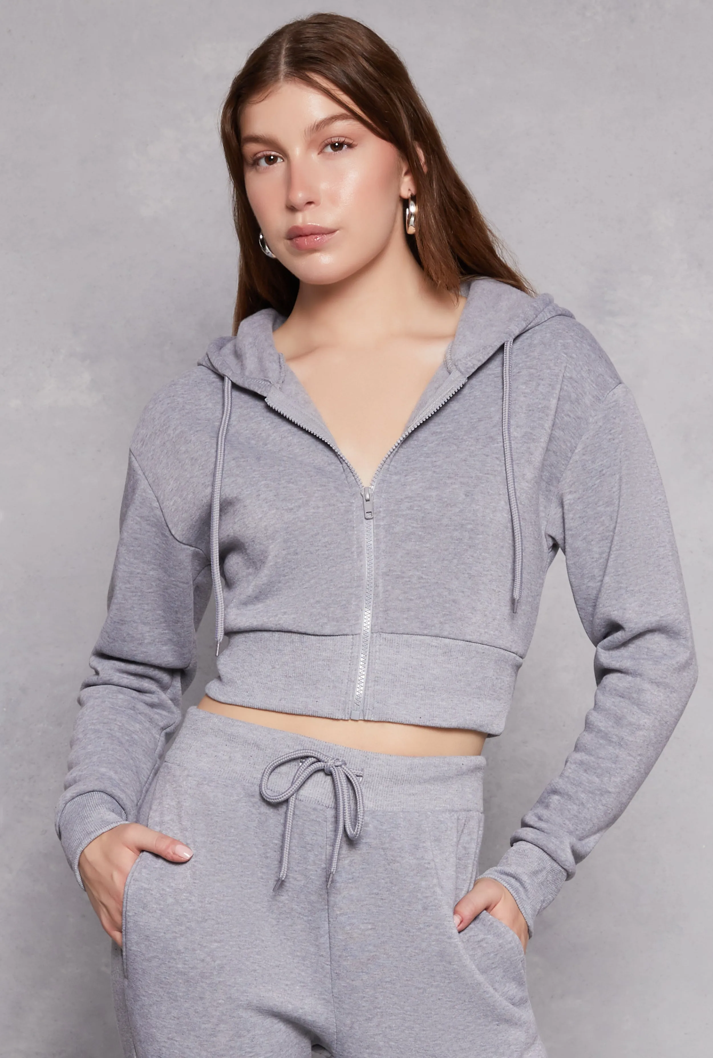 Fleece Solid Cropped Zip Front Hoodie sold by Rainbow
