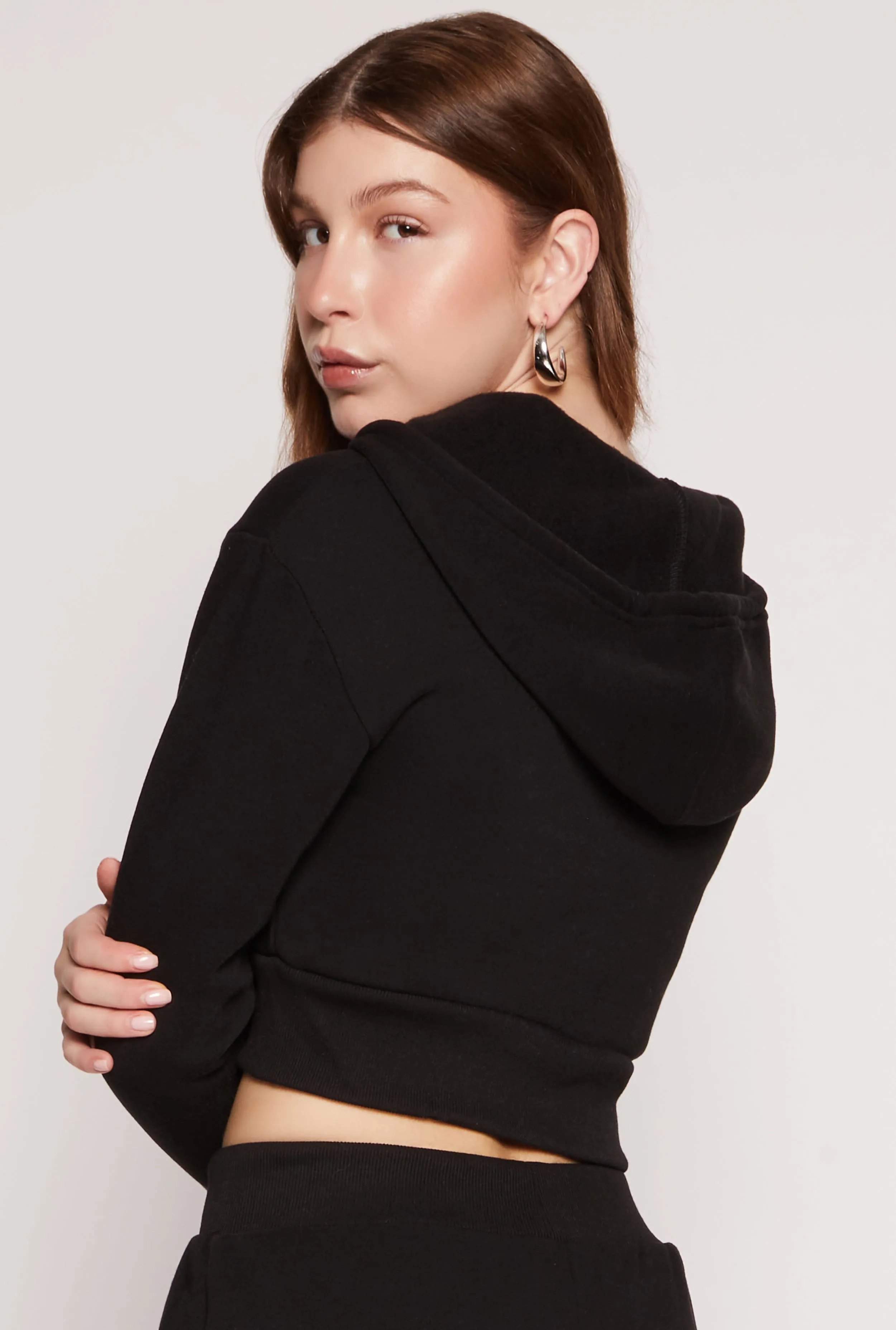 Fleece Solid Cropped Zip Front Hoodie sold by Rainbow product image thumbnail 3