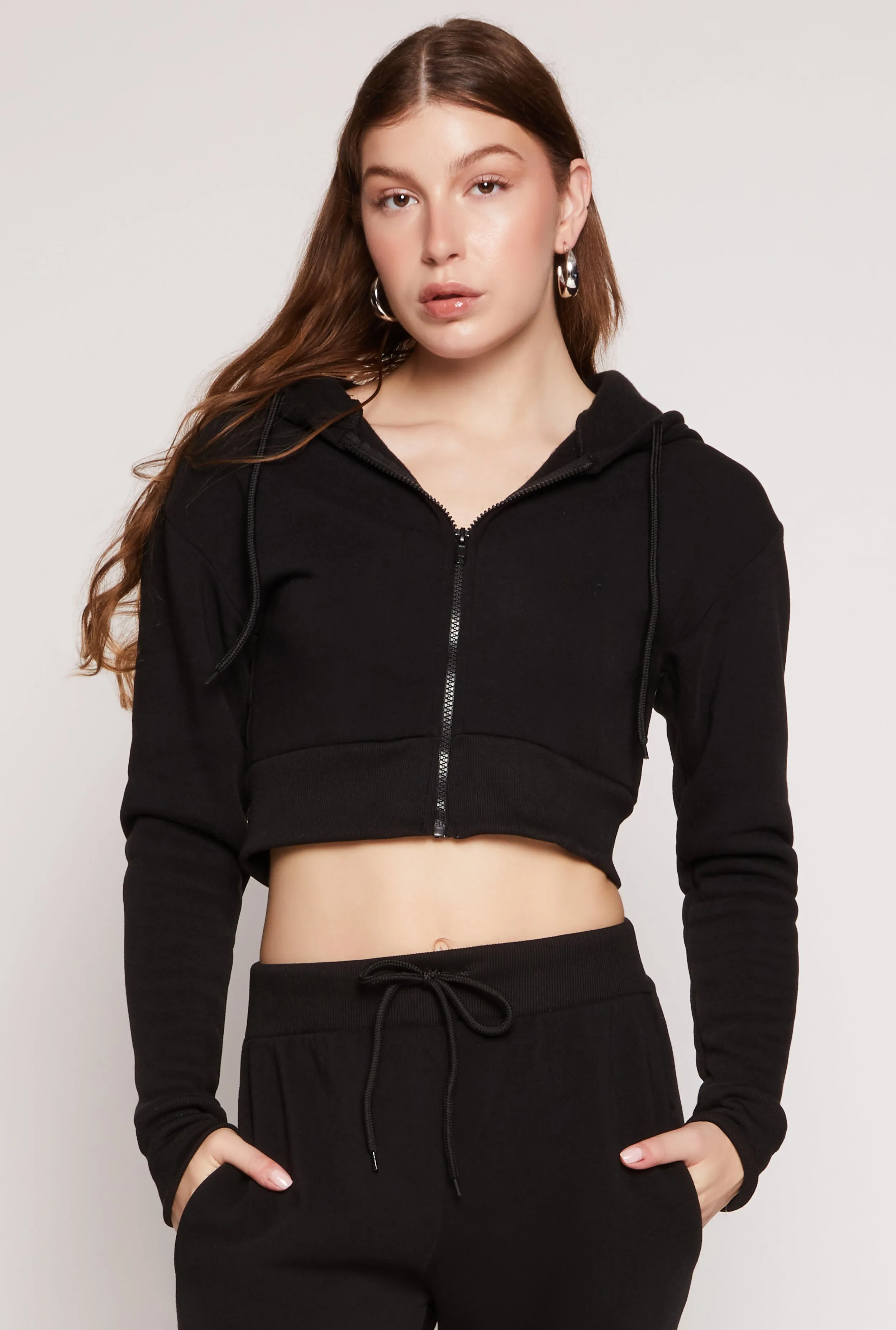 Fleece Solid Cropped Zip Front Hoodie sold by Rainbow