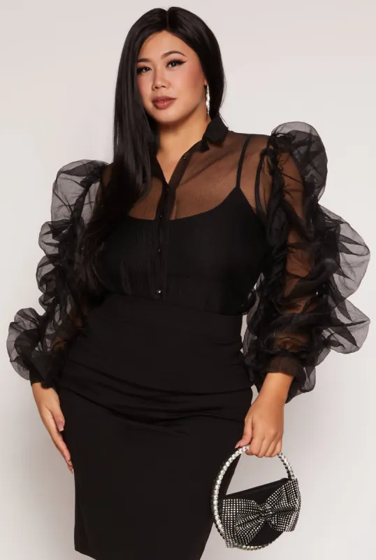 Plus Size Organza Ruched Sleeve Button Front Blouse sold by Rainbow