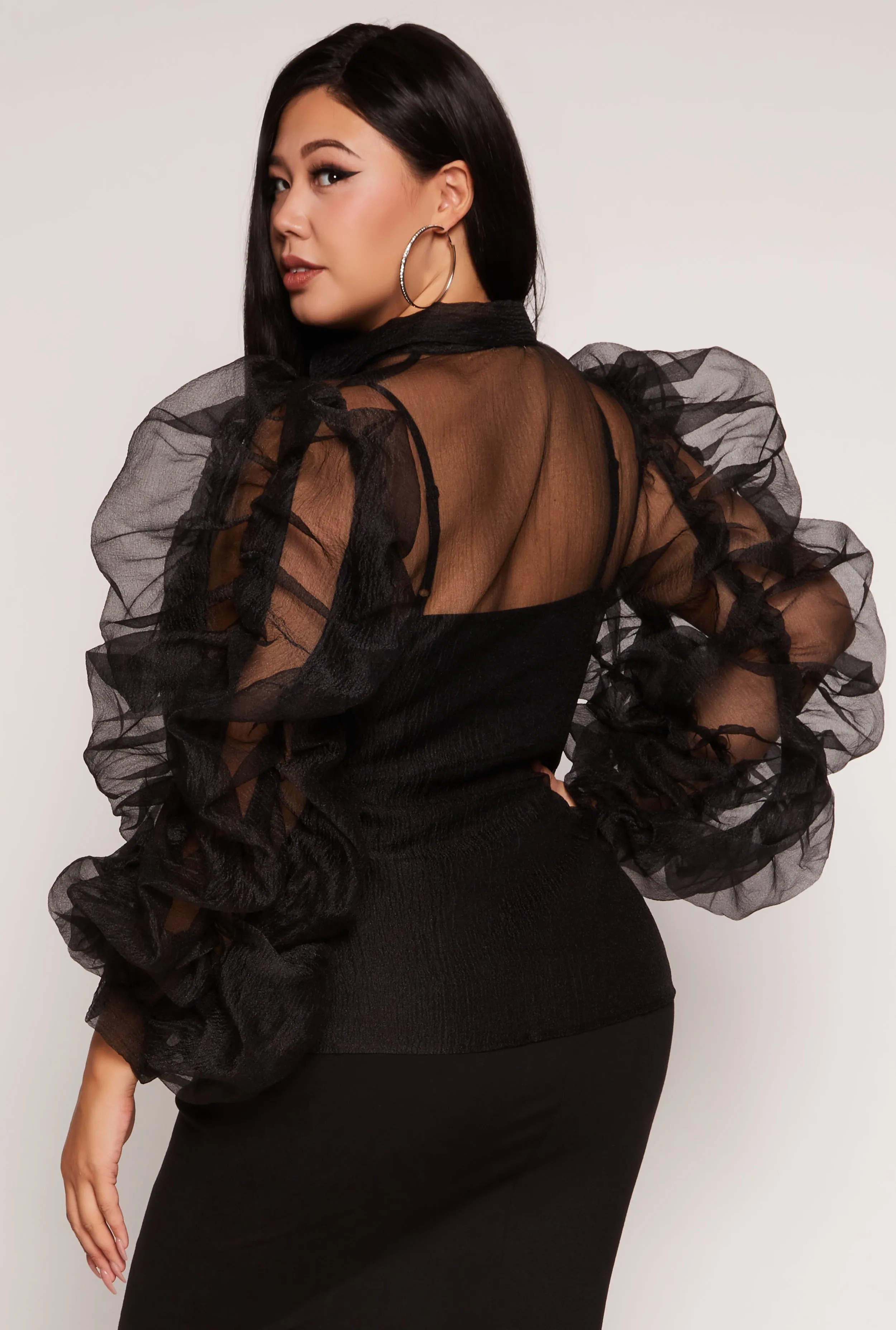 Plus Size Organza Ruched Sleeve Button Front Blouse sold by Rainbow product image thumbnail 3