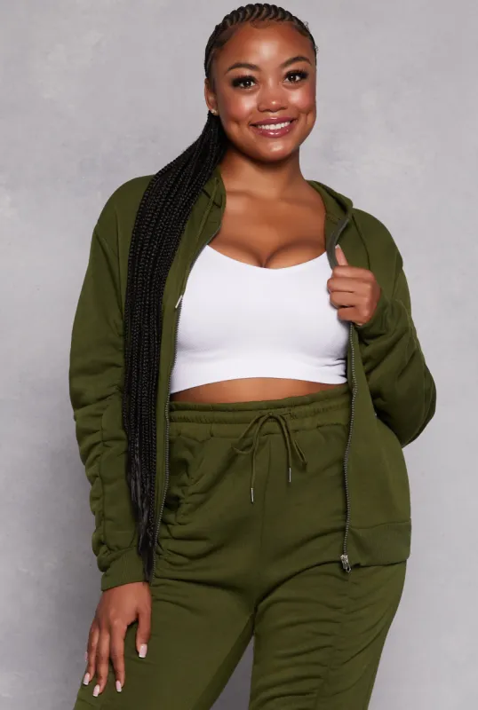 Plus Size Ruched Sleeve Zip Front Hoodie sold by Rainbow