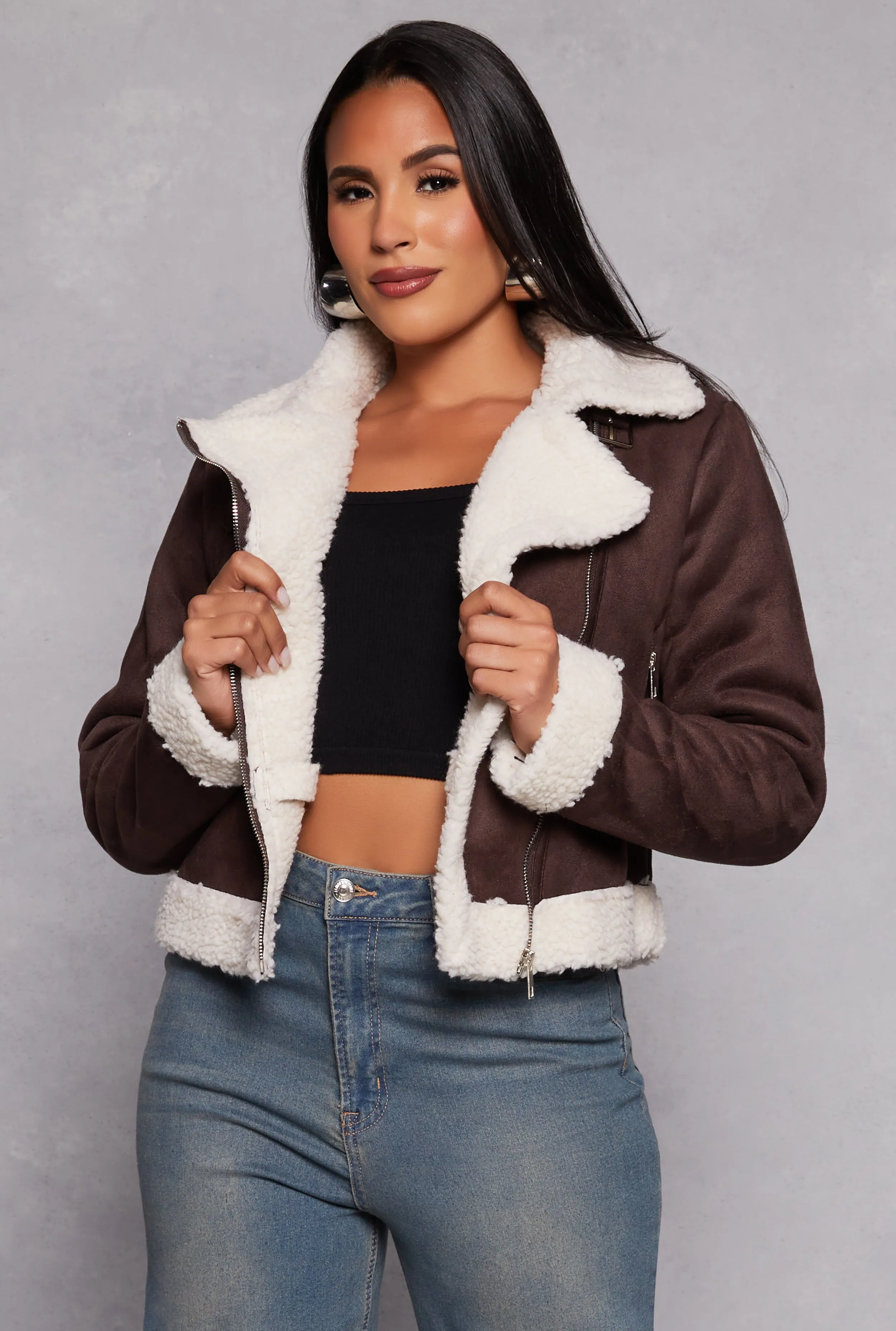 Faux Suede Sherpa Moto Jacket sold by Rainbow