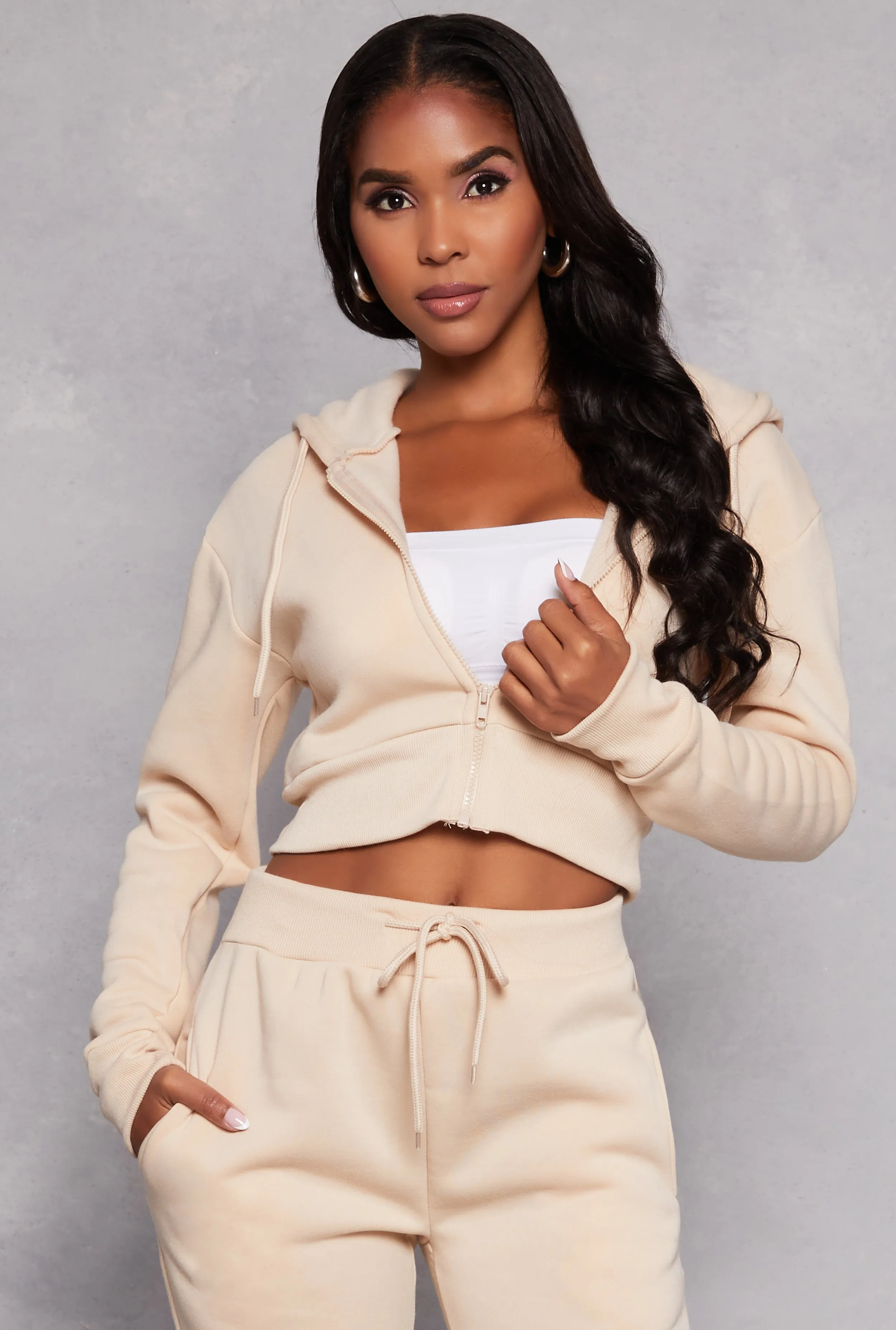 Fleece Solid Cropped Zip Front Hoodie sold by Rainbow
