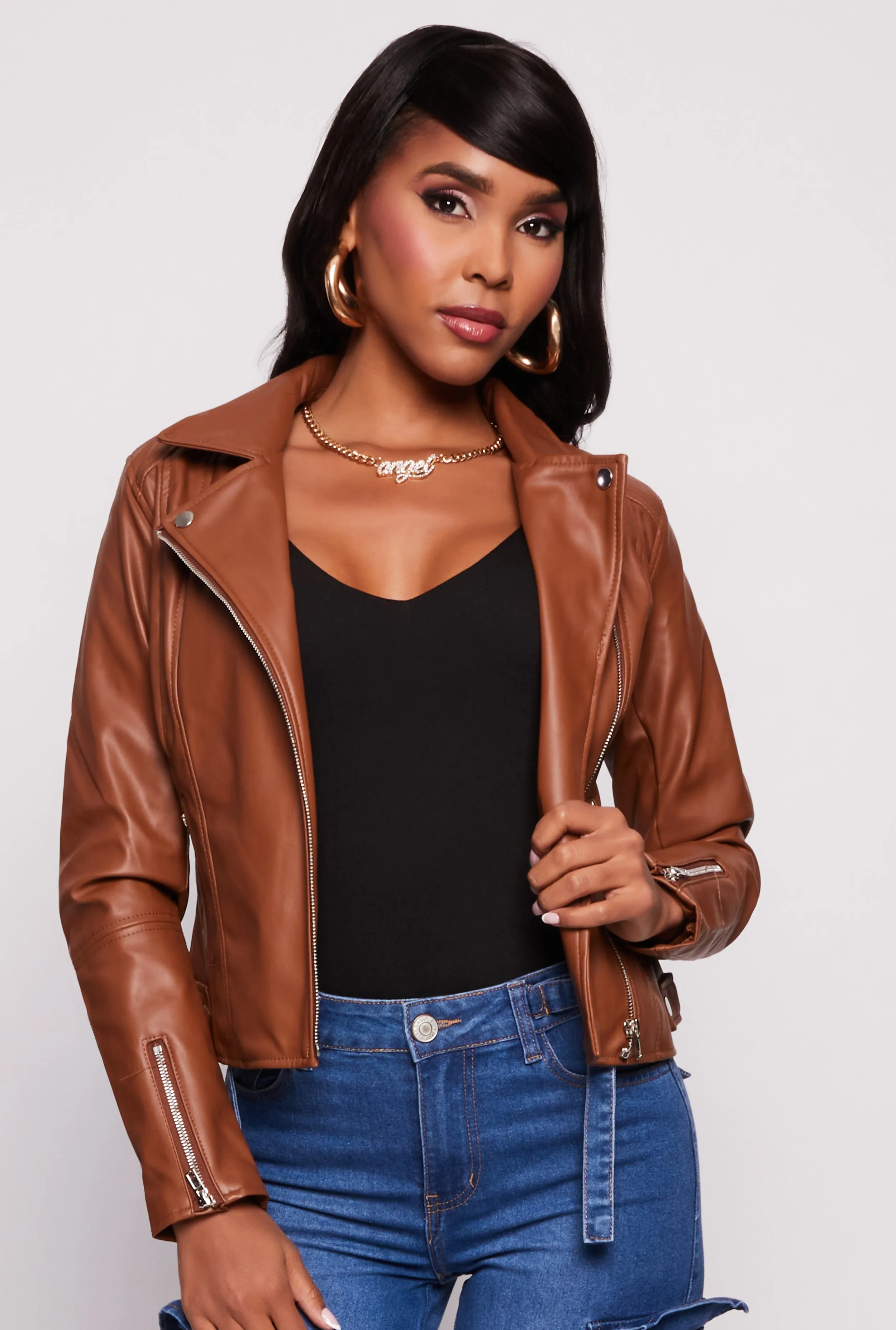 Faux Leather Zip Front Moto Jacket sold by Rainbow