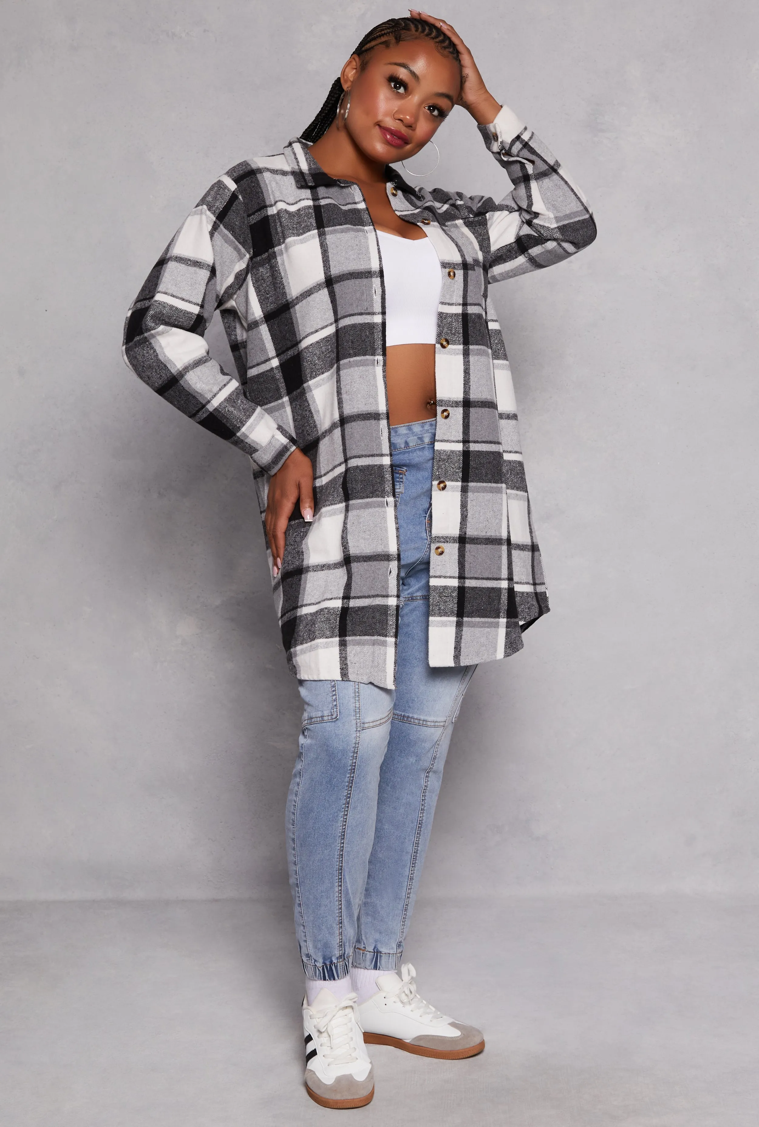 Plus Size Flannel Button Front Long Shacket sold by Rainbow product image thumbnail 2